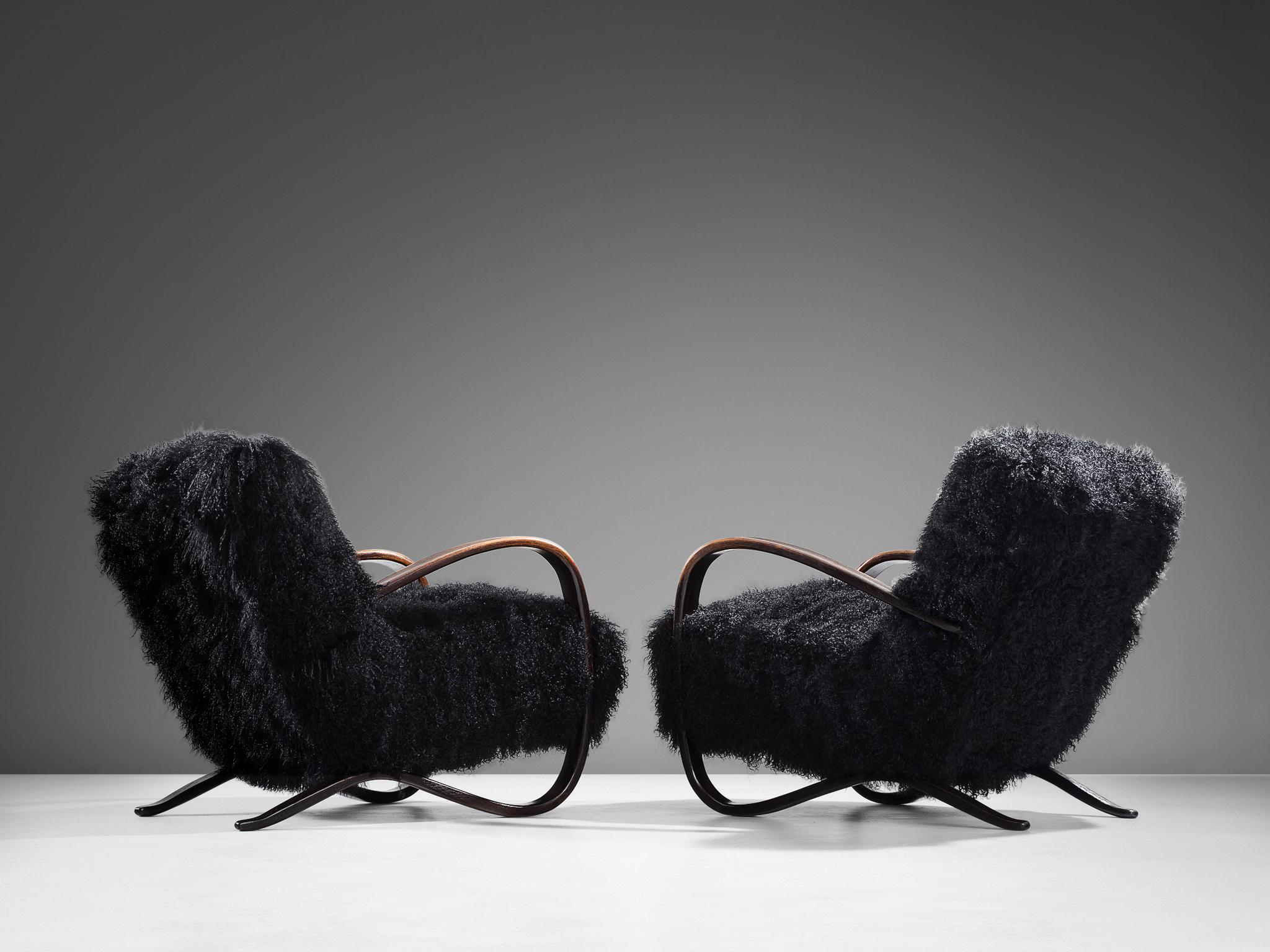 Art Deco Jindrich Halabala Lounge Chairs in Black Tibetan Lambswool  For Sale