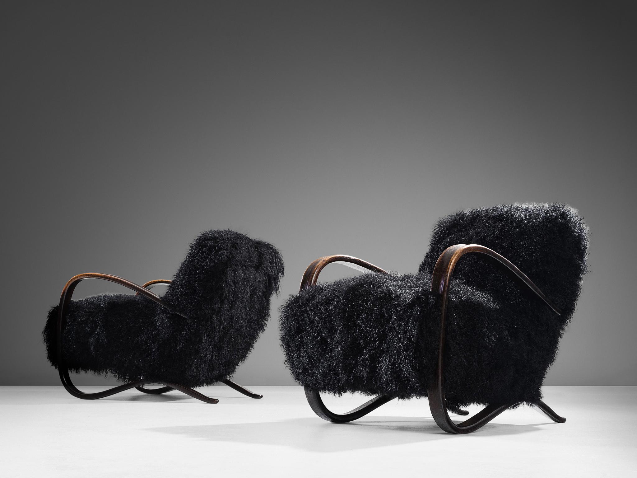 Wool Jindrich Halabala Lounge Chairs in Black Tibetan Lambswool