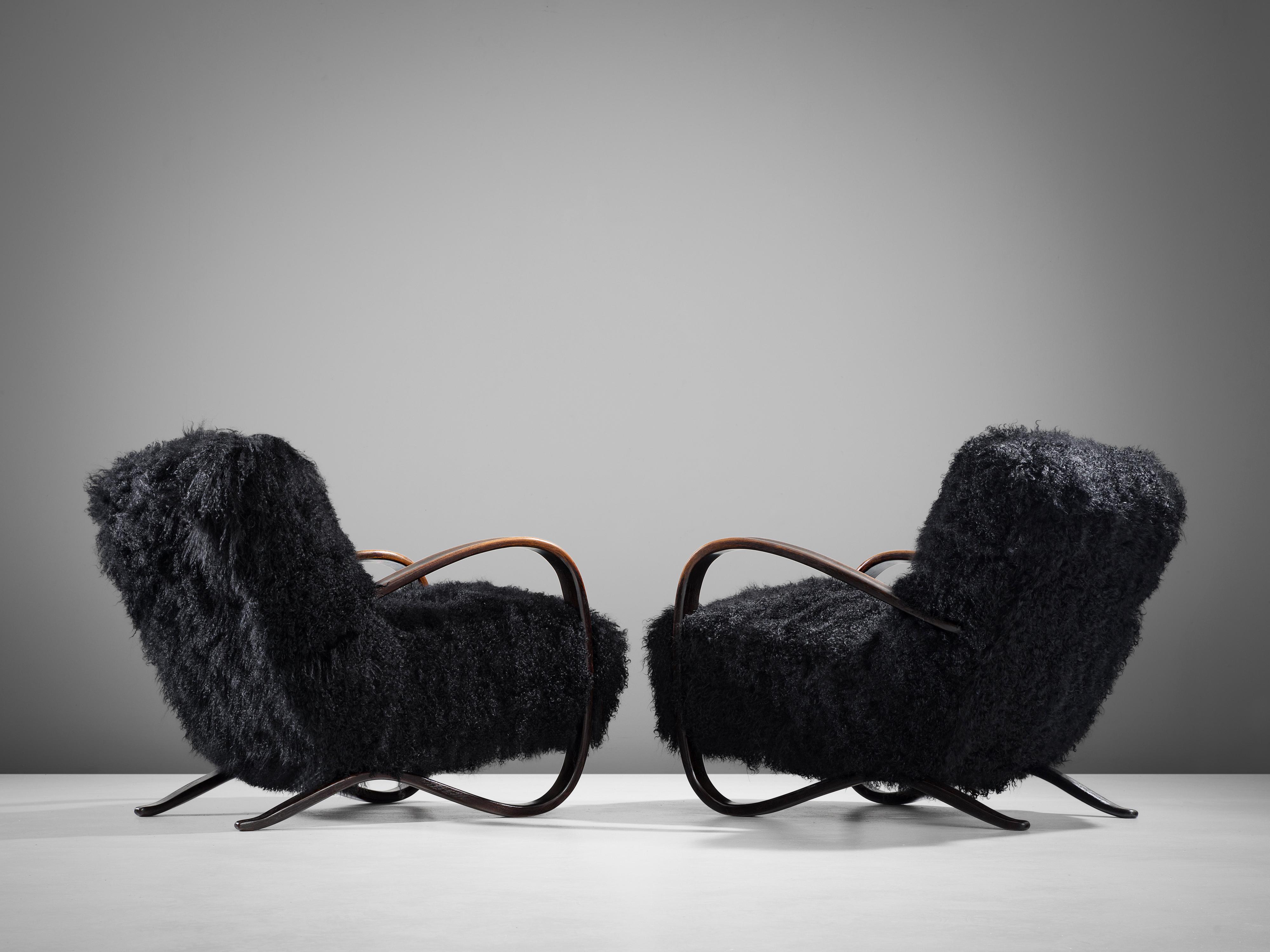 Beech Jindrich Halabala Lounge Chairs in Black Tibetan Lambswool