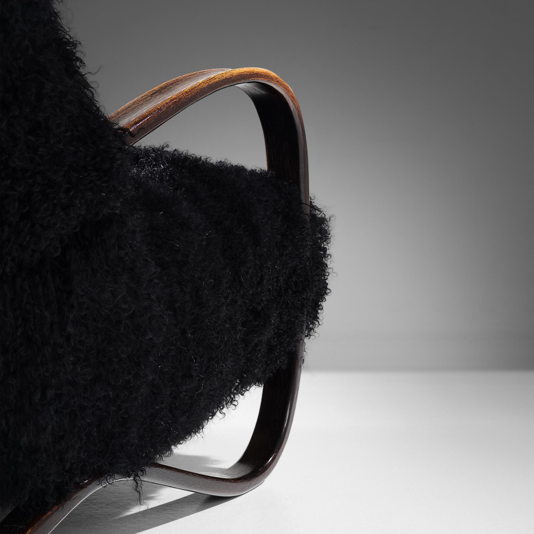 Jindrich Halabala Lounge Chairs in Black Tibetan Lambswool 2