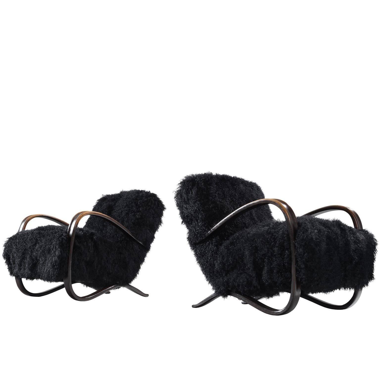 Jindrich Halabala Lounge Chairs in Black Tibetan Lambswool