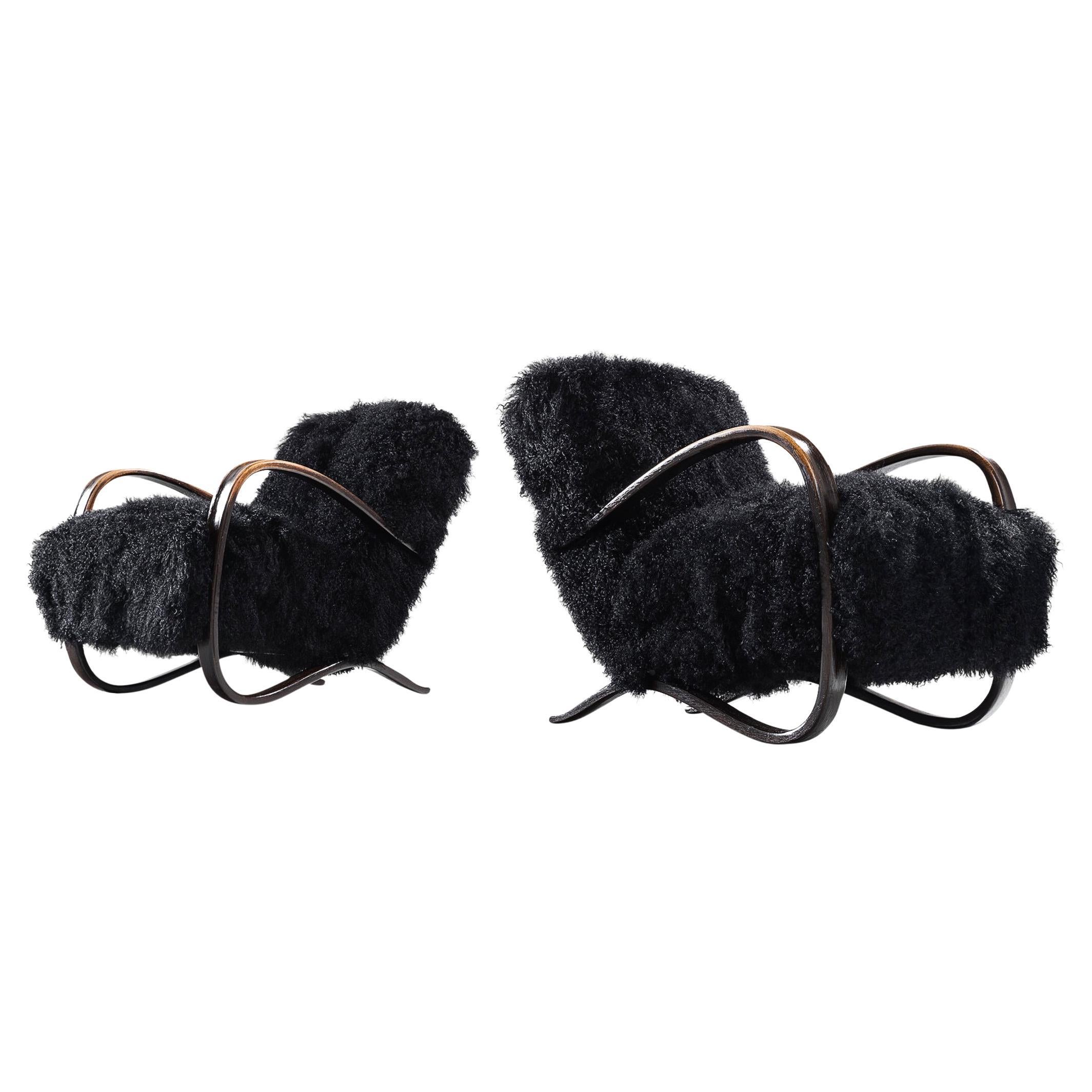 Jindrich Halabala Lounge Chairs in Black Tibetan Lambswool