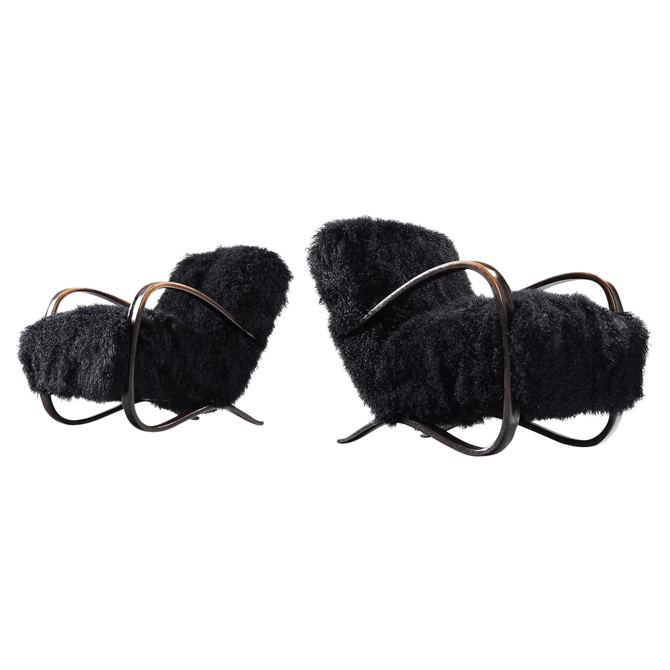 Jindrich Halabala Lounge Chairs in Black Tibetan Lambswool  For Sale