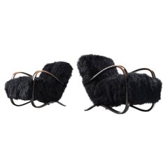 Jindrich Halabala Lounge Chairs in Black Tibetan Lambswool 