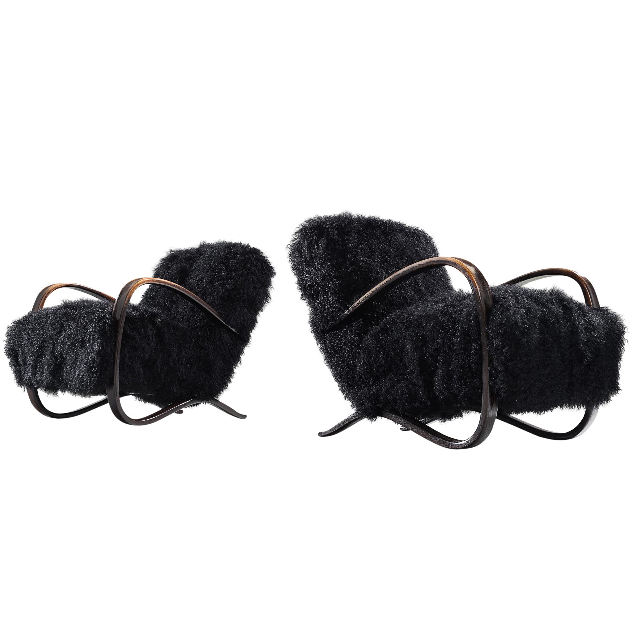Jindrich Halabala Lounge Chairs in Black Tibetan Lambswool For Sale