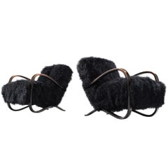 Jindrich Halabala Lounge Chairs in Black Tibetan Lambswool