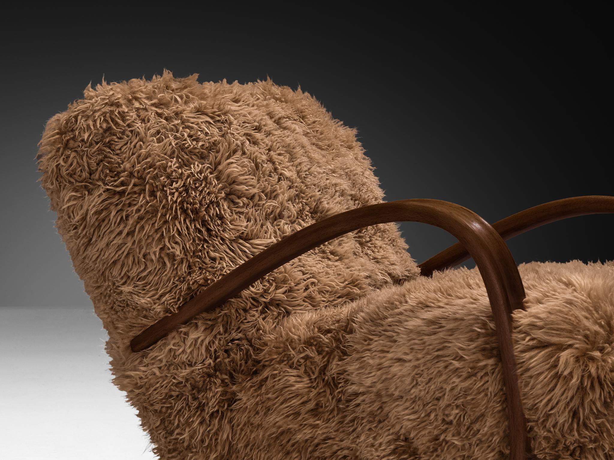 Cuir de mouton Jindřich Halabala Chaises longues en laine d'agneau tibétaine brune en vente