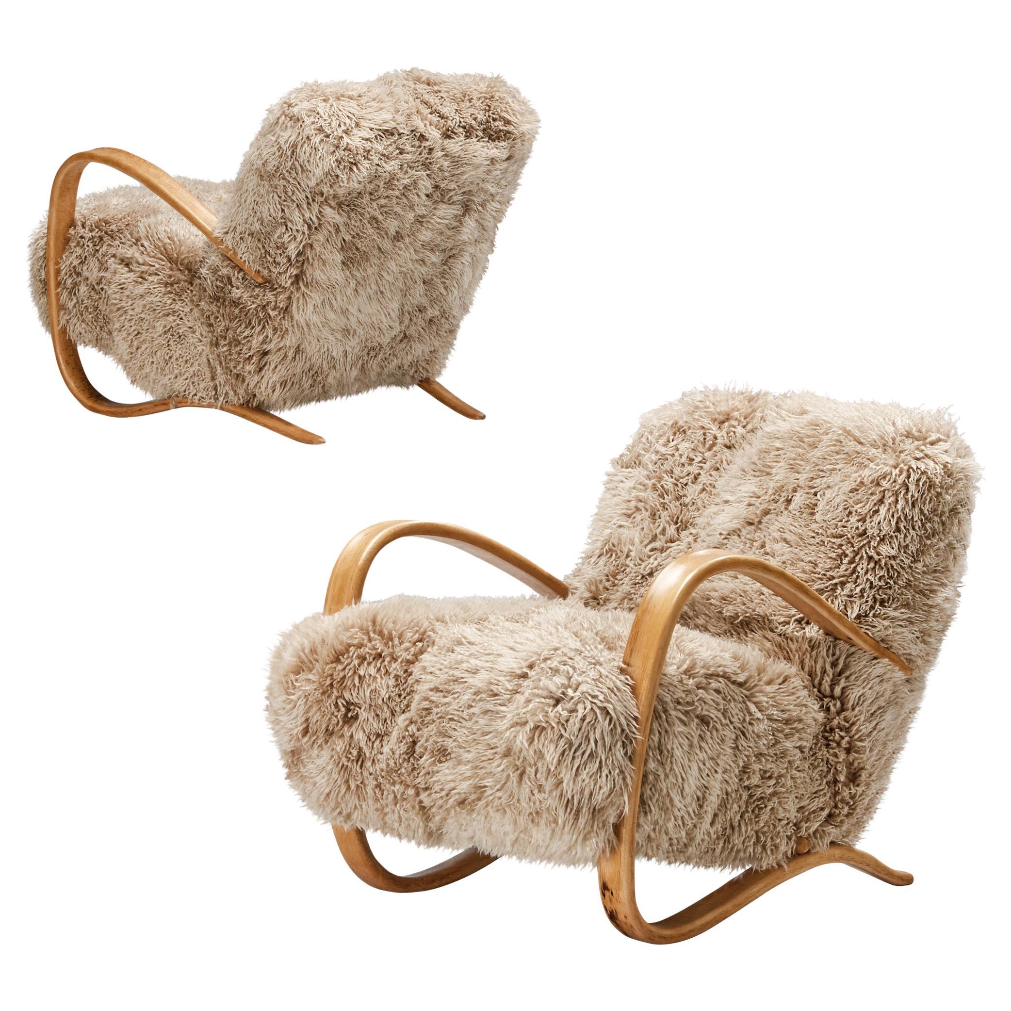 Jindrich Halabala Lounge Chairs in Beige Sheepskin