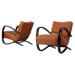 Jindrich Halabala Lounge Chairs in Cognac Brown Leather 
