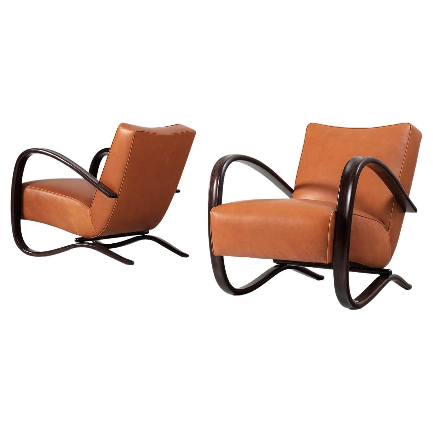 Jindrich Halabala Lounge Chairs in Cognac Leather