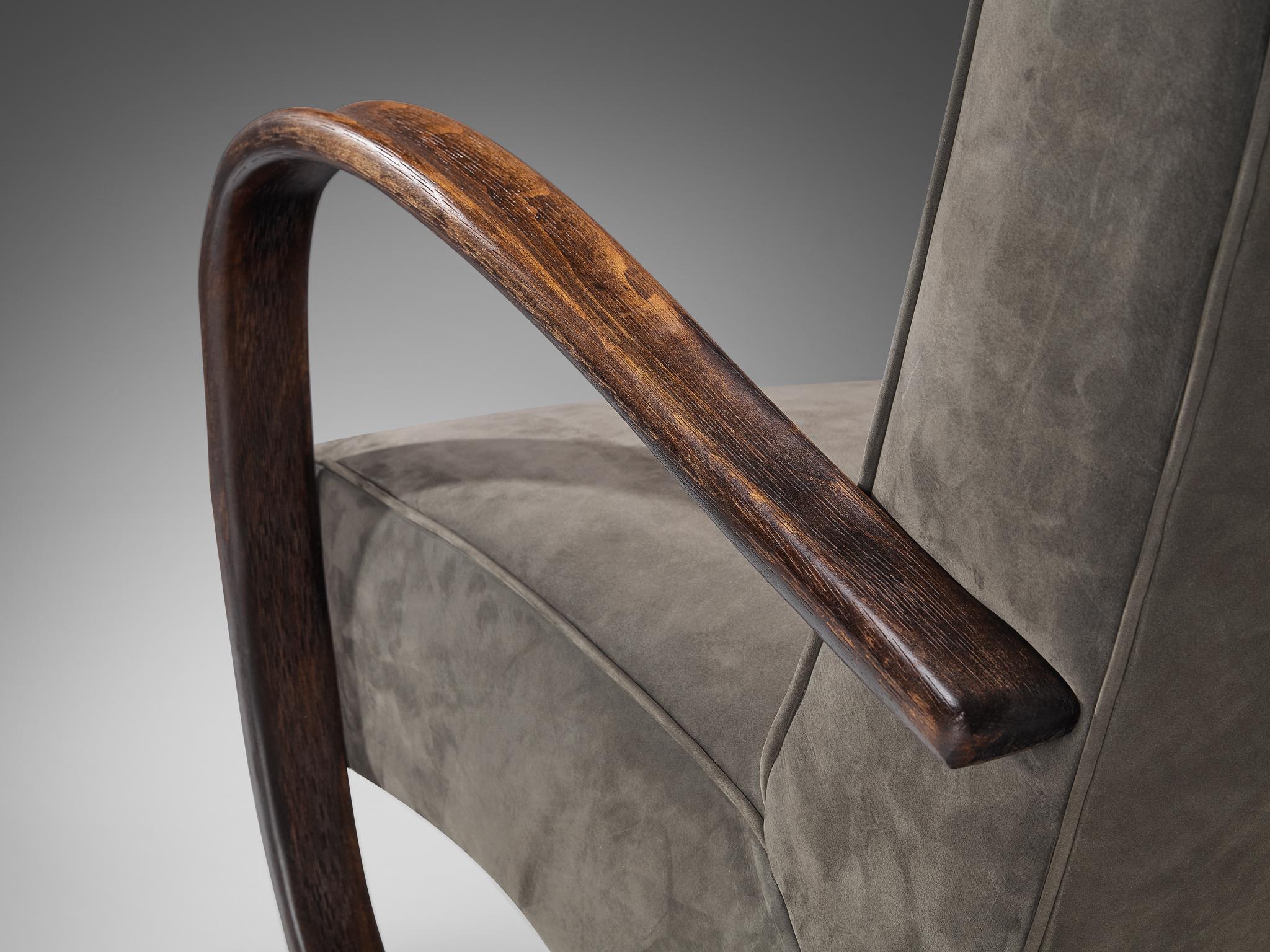 Art Deco Jindrich Halabala Lounge Chairs in Grey Nubuck Leather For Sale