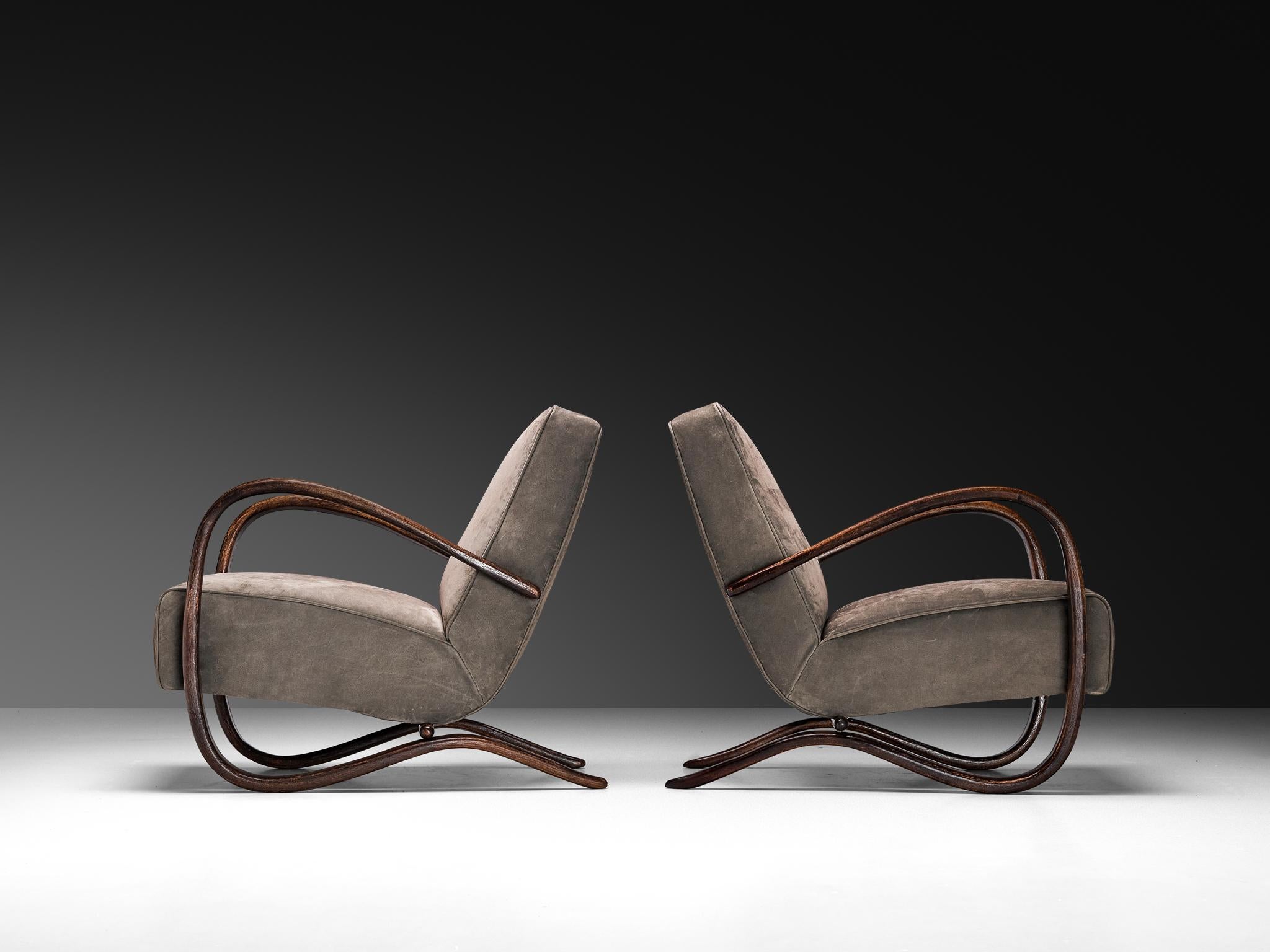 Sillas de salón Jindrich Halabala de cuero nobuk gris Art Decó en venta