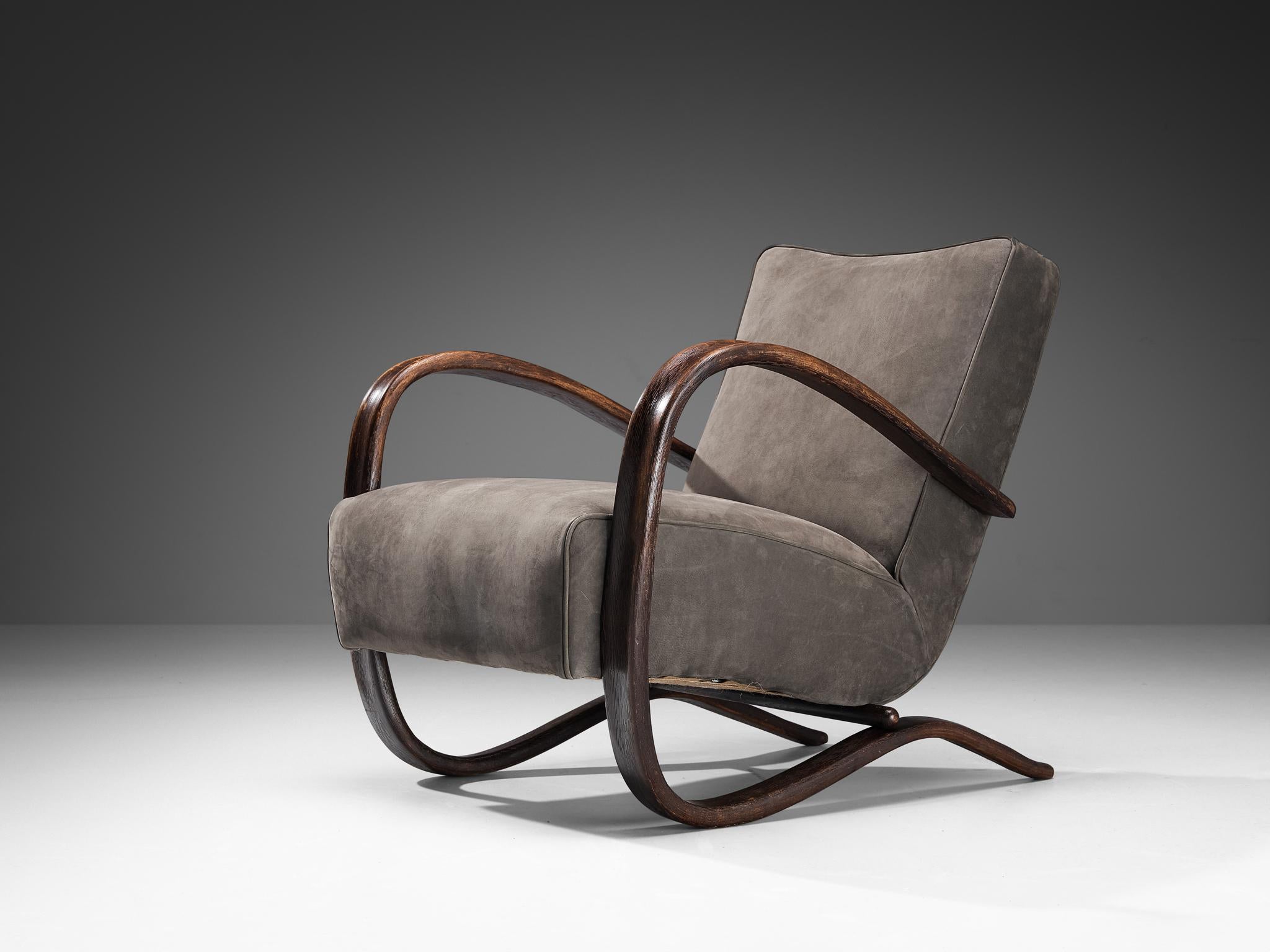 Czech Jindrich Halabala Lounge Chairs in Grey Nubuck Leather For Sale