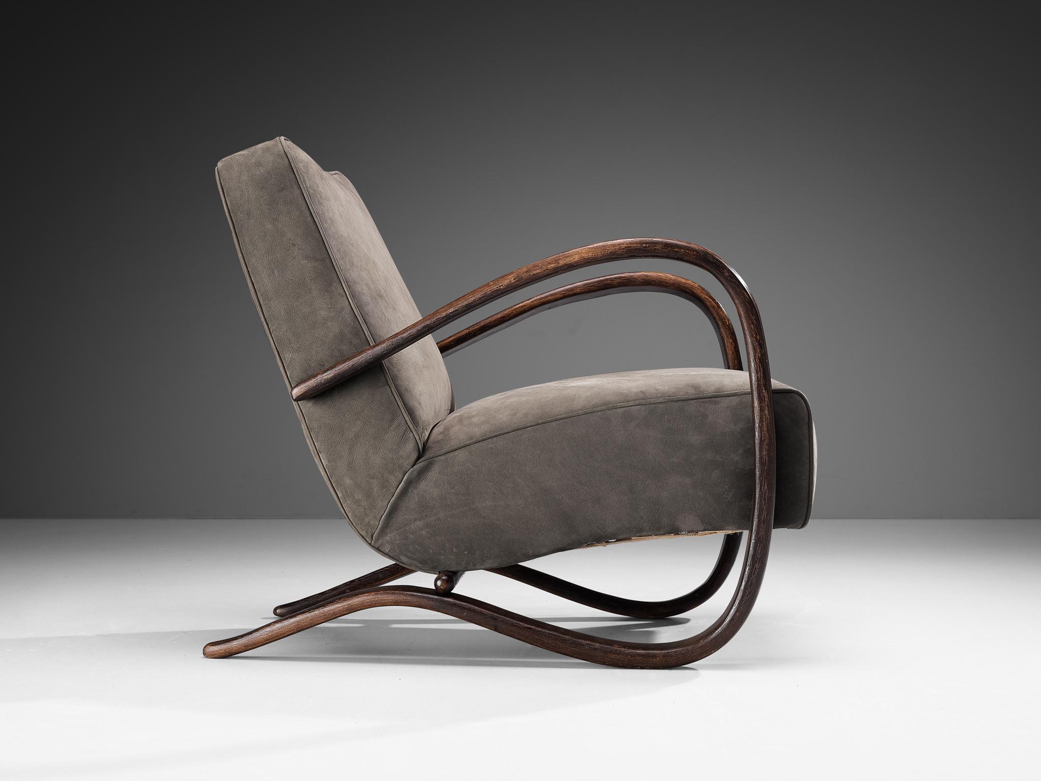 Czech Jindrich Halabala Lounge Chairs in Grey Nubuck Leather  For Sale