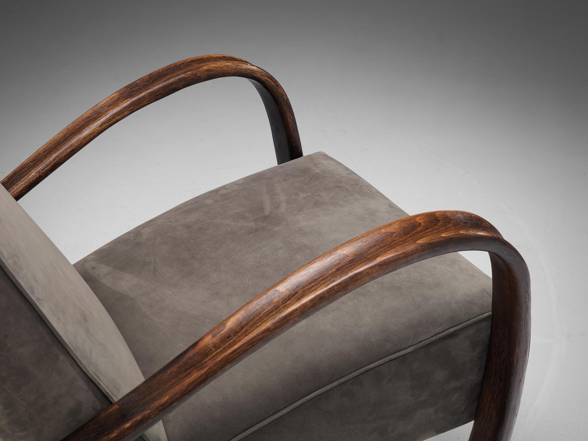Mid-20th Century Jindrich Halabala Lounge Chairs in Grey Nubuck Leather For Sale