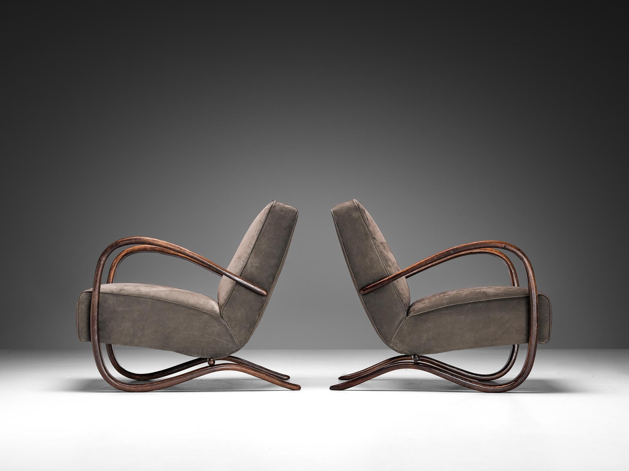 Beech Jindrich Halabala Lounge Chairs in Grey Nubuck Leather  For Sale