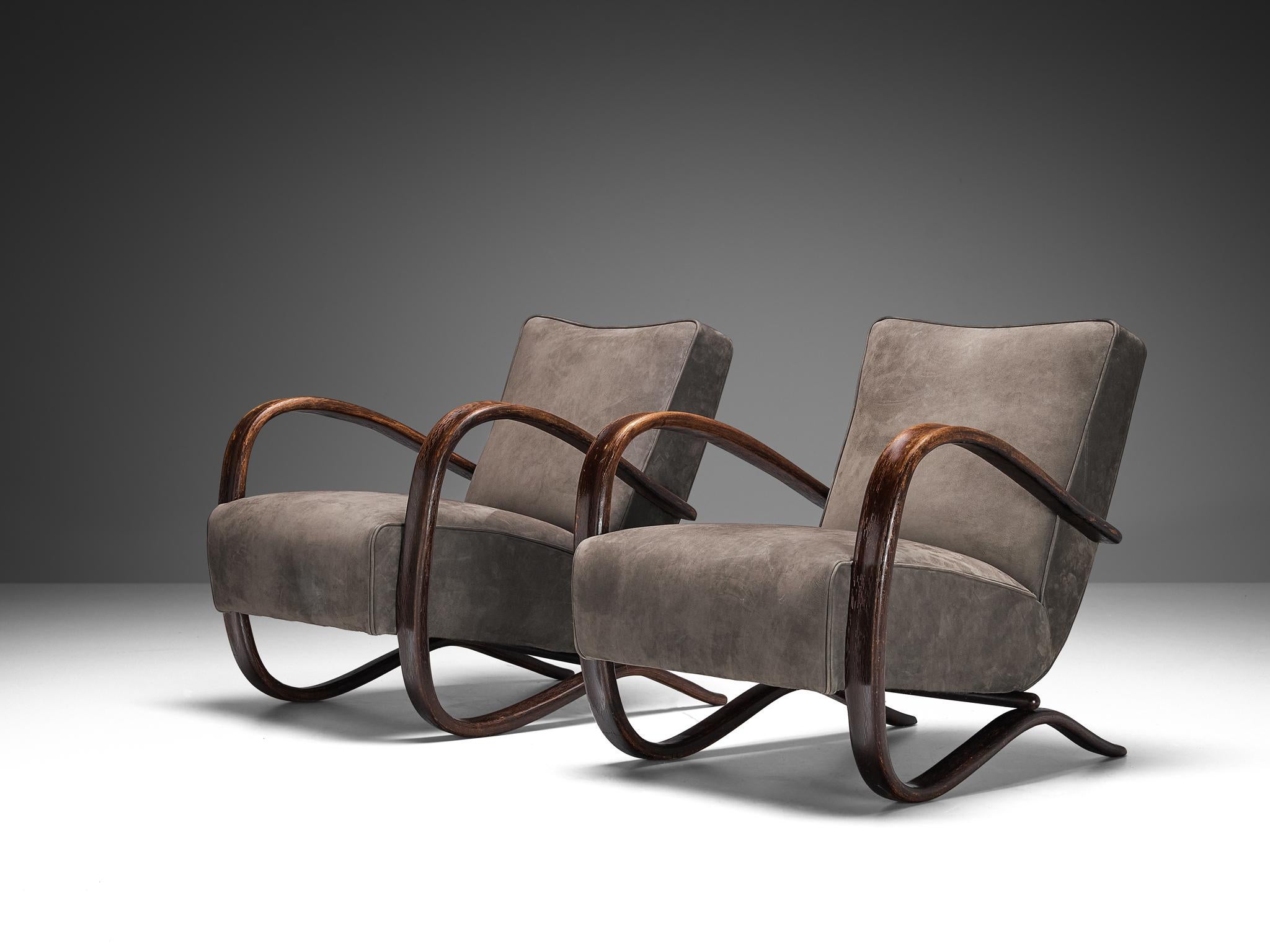 Jindrich Halabala Lounge Chairs in Grey Nubuck Leather For Sale 2
