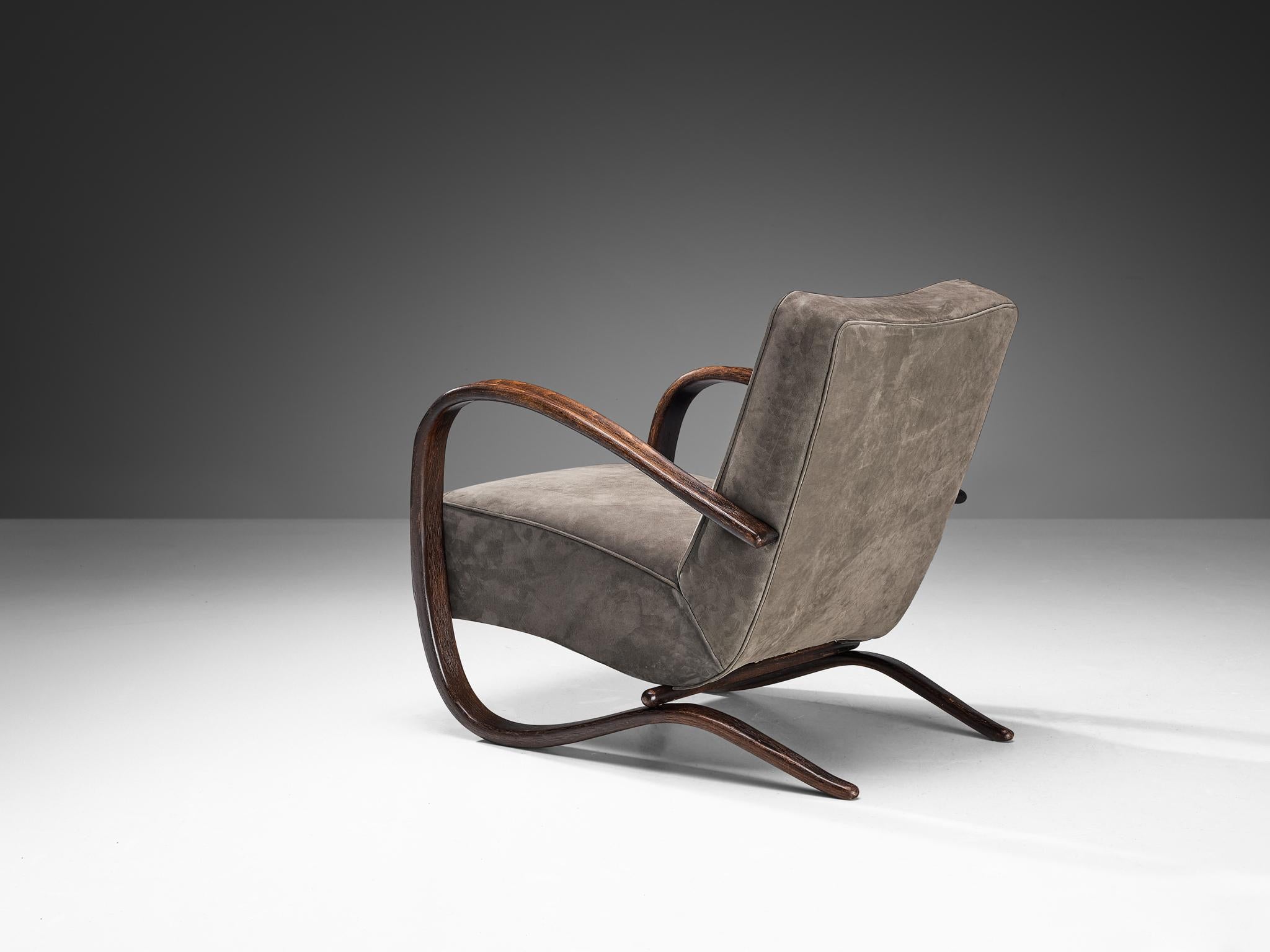 Beech Jindrich Halabala Lounge Chairs in Grey Nubuck Leather  For Sale