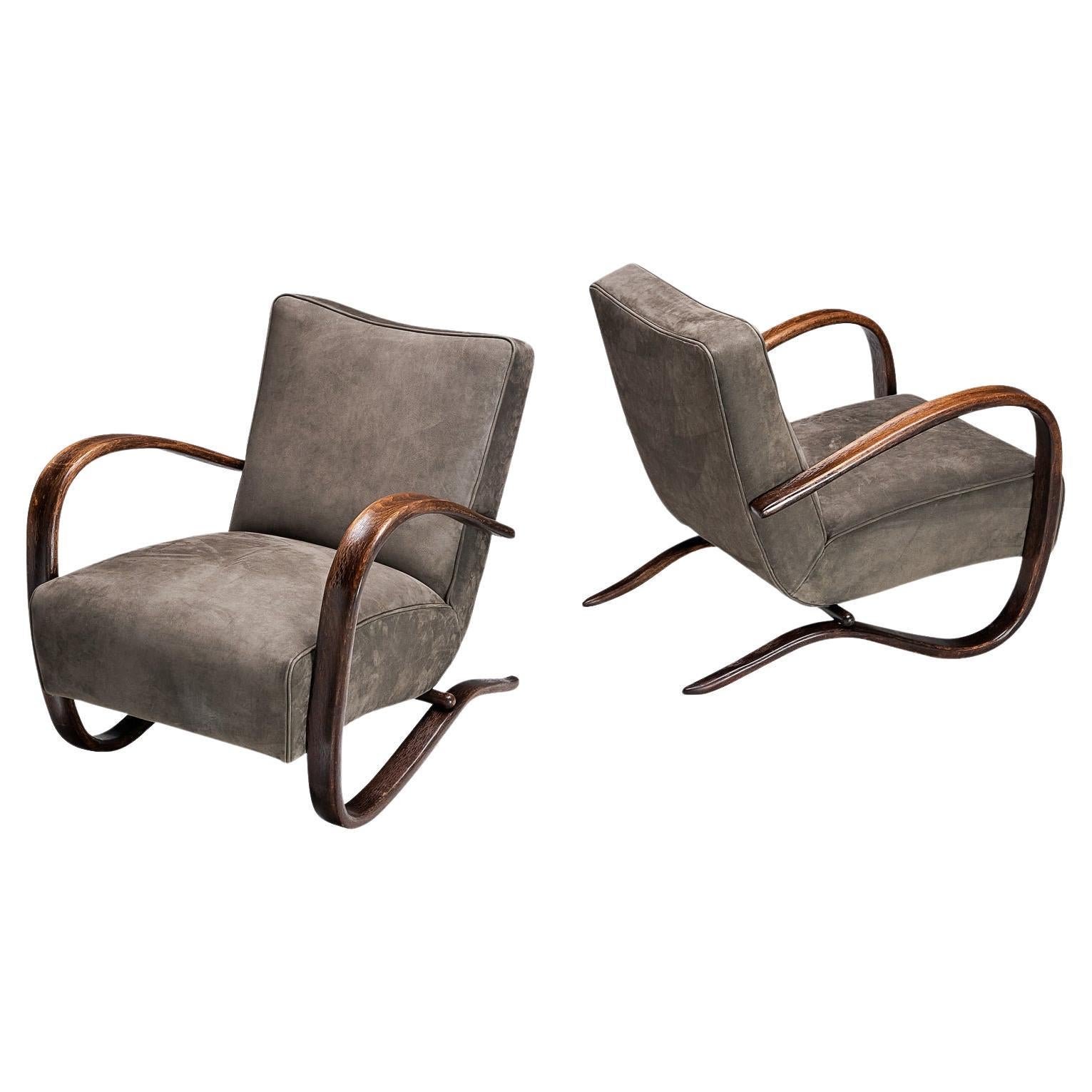 Jindrich Halabala Lounge Chairs in Grey Nubuck Leather  For Sale