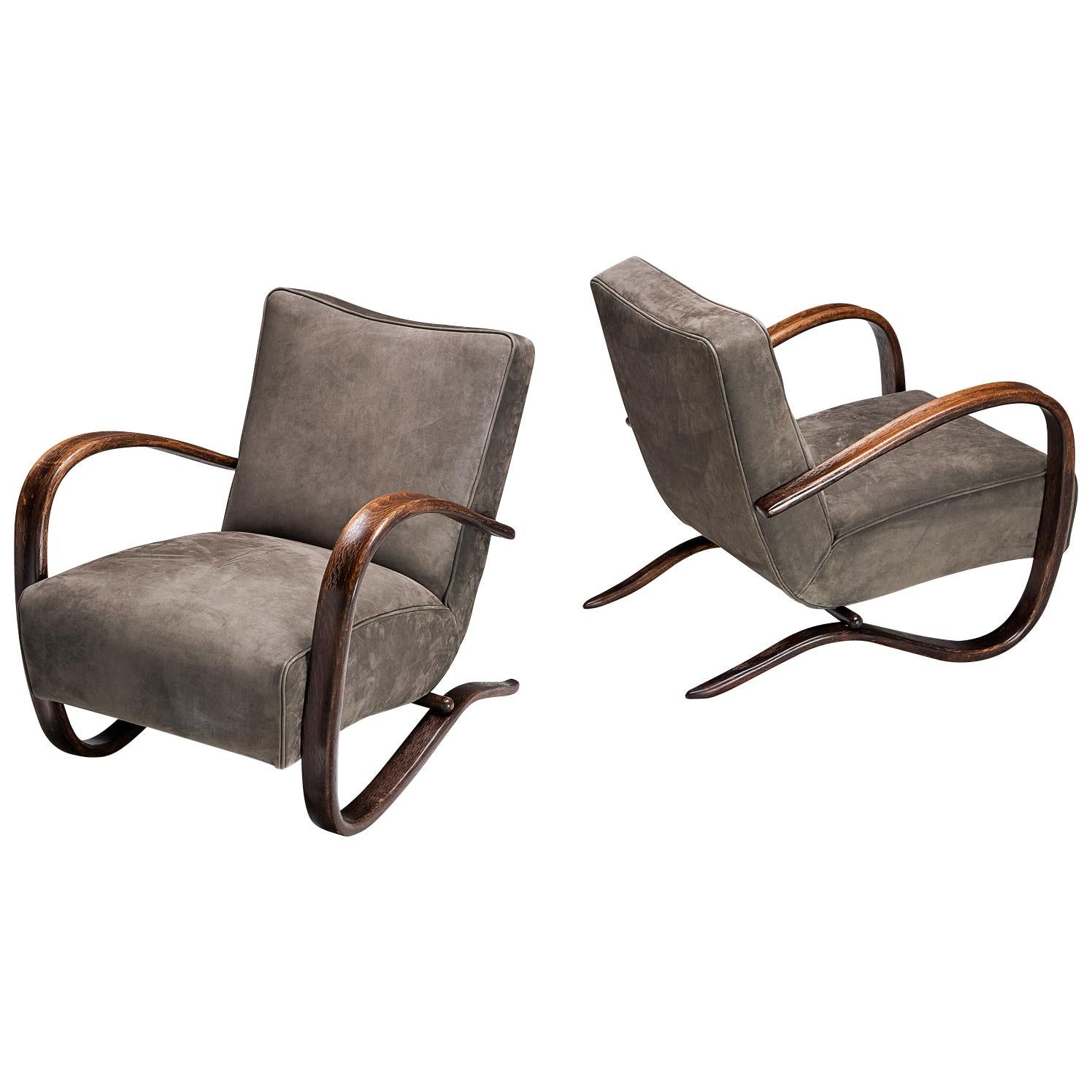 Jindrich Halabala Lounge Chairs in Grey Nubuck Leather