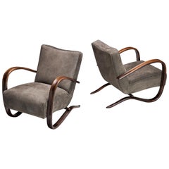 Jindrich Halabala Lounge Chairs in Grey Nubuck Leather