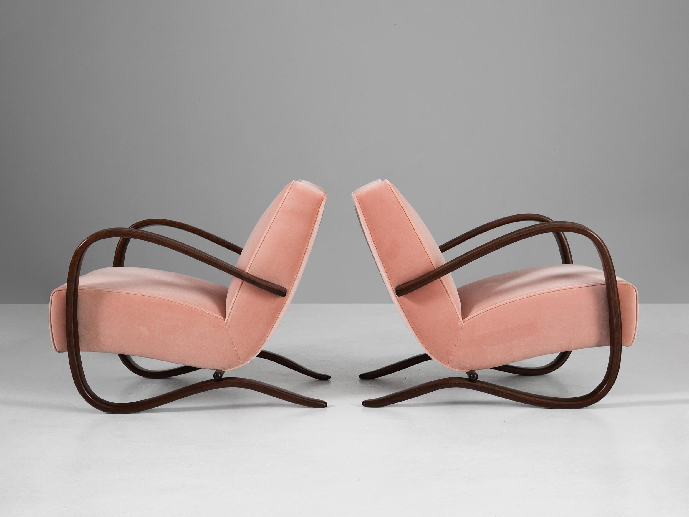 Art Deco Jindrich Halabala Lounge Chairs in Pink Velvet Upholstery For Sale