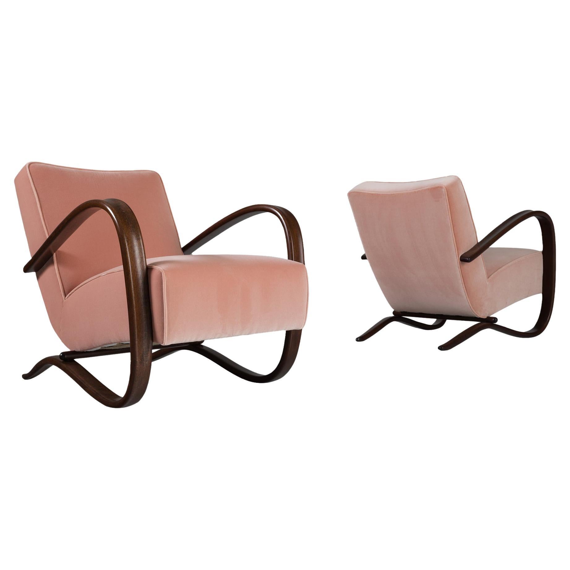 Jindrich Halabala Lounge Chairs in Pink Velvet Upholstery For Sale