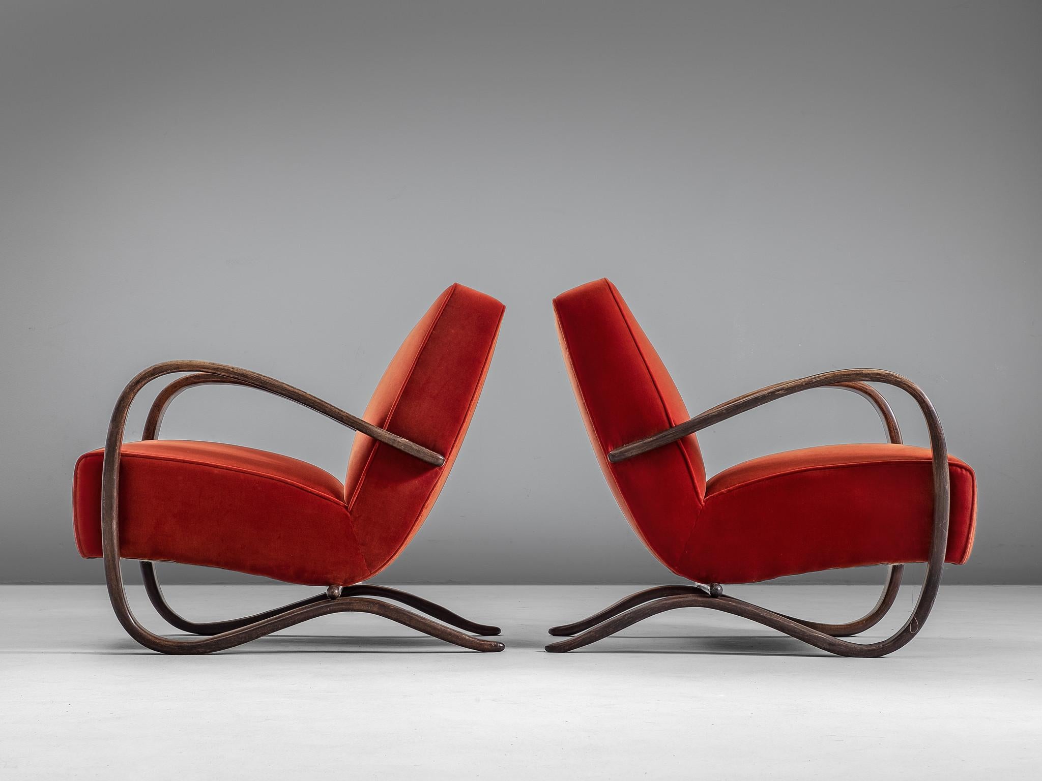Czech Jindrich Halabala Lounge Chairs in Red Velvet Upholstery