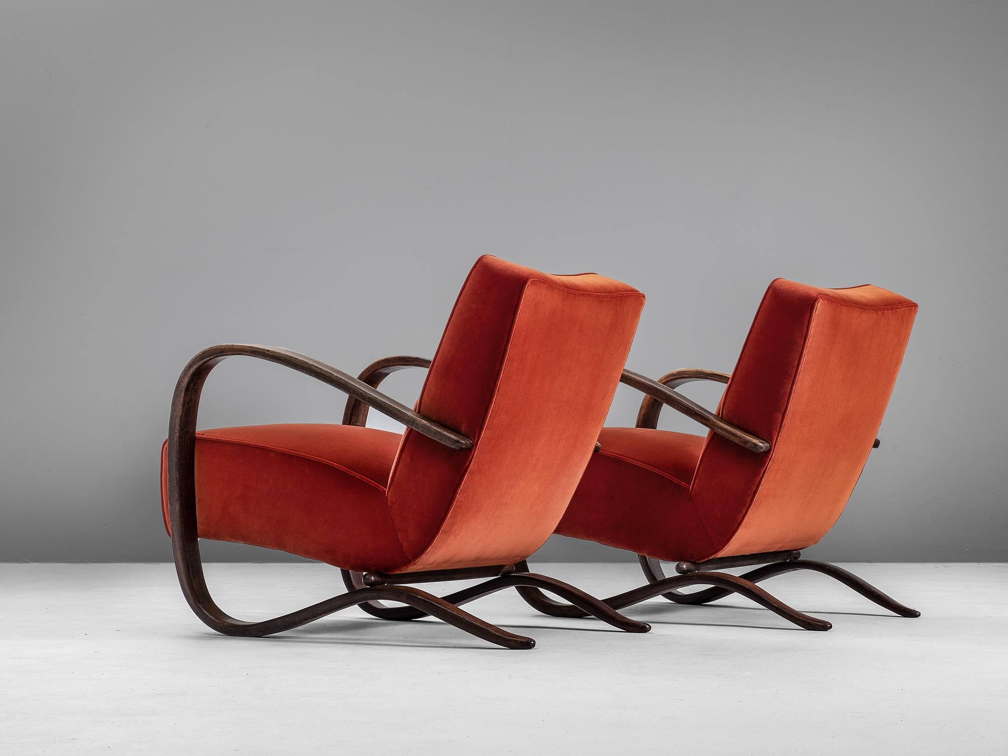 Mid-20th Century Jindrich Halabala Lounge Chairs in Red Velvet Upholstery
