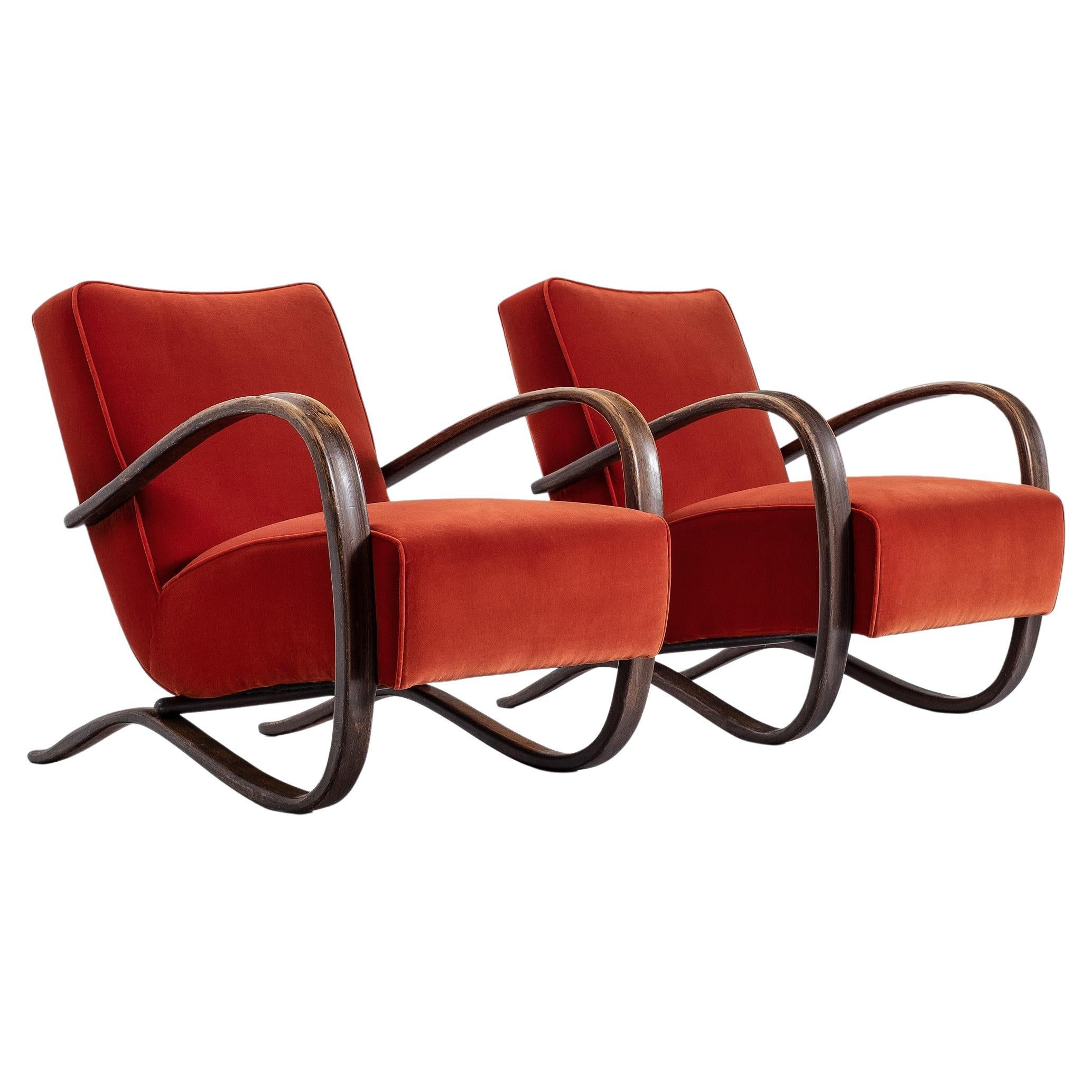 Jindrich Halabala Lounge Chairs in Red Velvet Upholstery