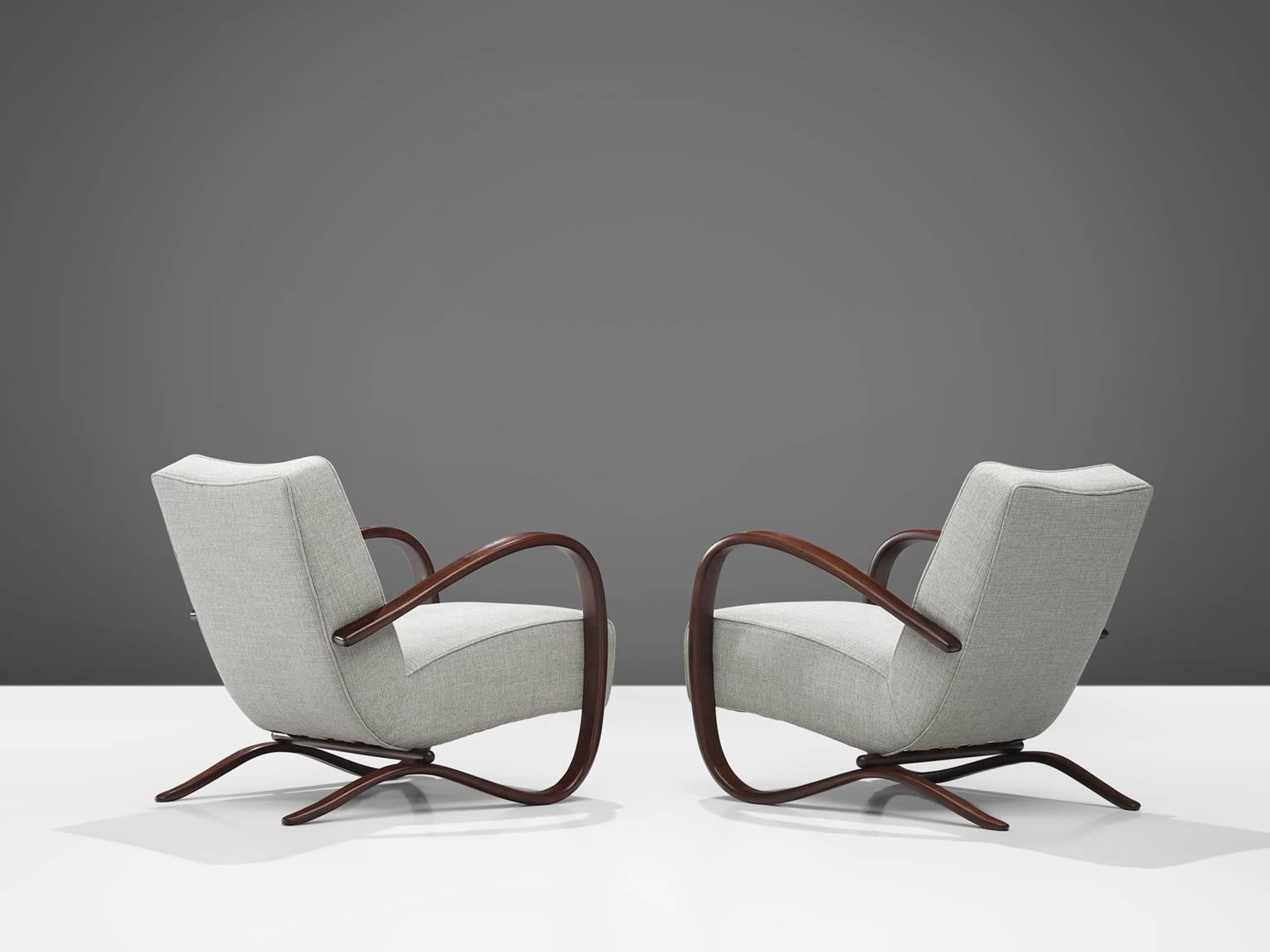 Czech Jindrich Halabala Lounge Chairs in Reupholstered with Grey Fabric
