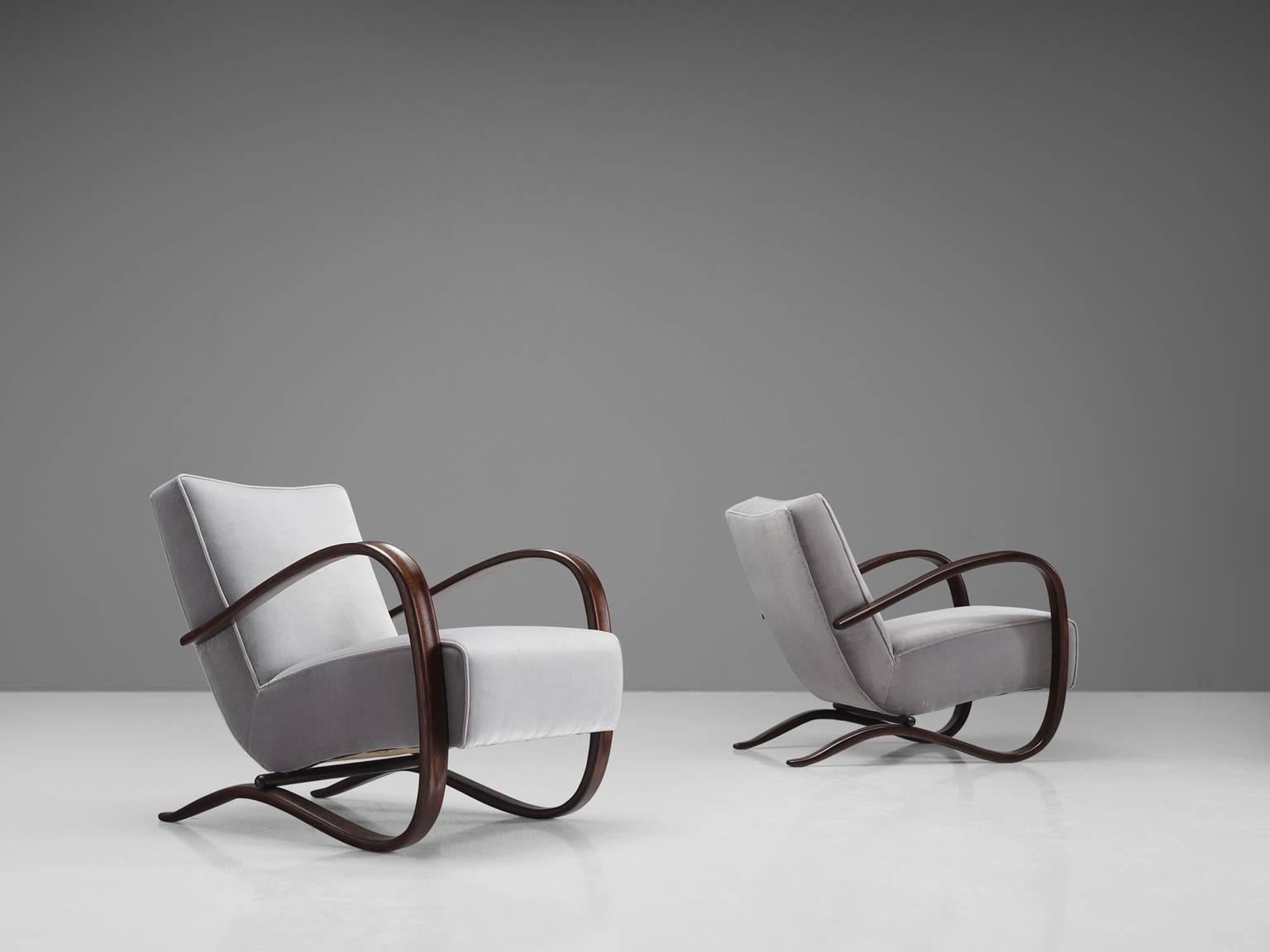 Czech Jindrich Halabala Lounge Chairs in Reupholstered with Grey Velvet