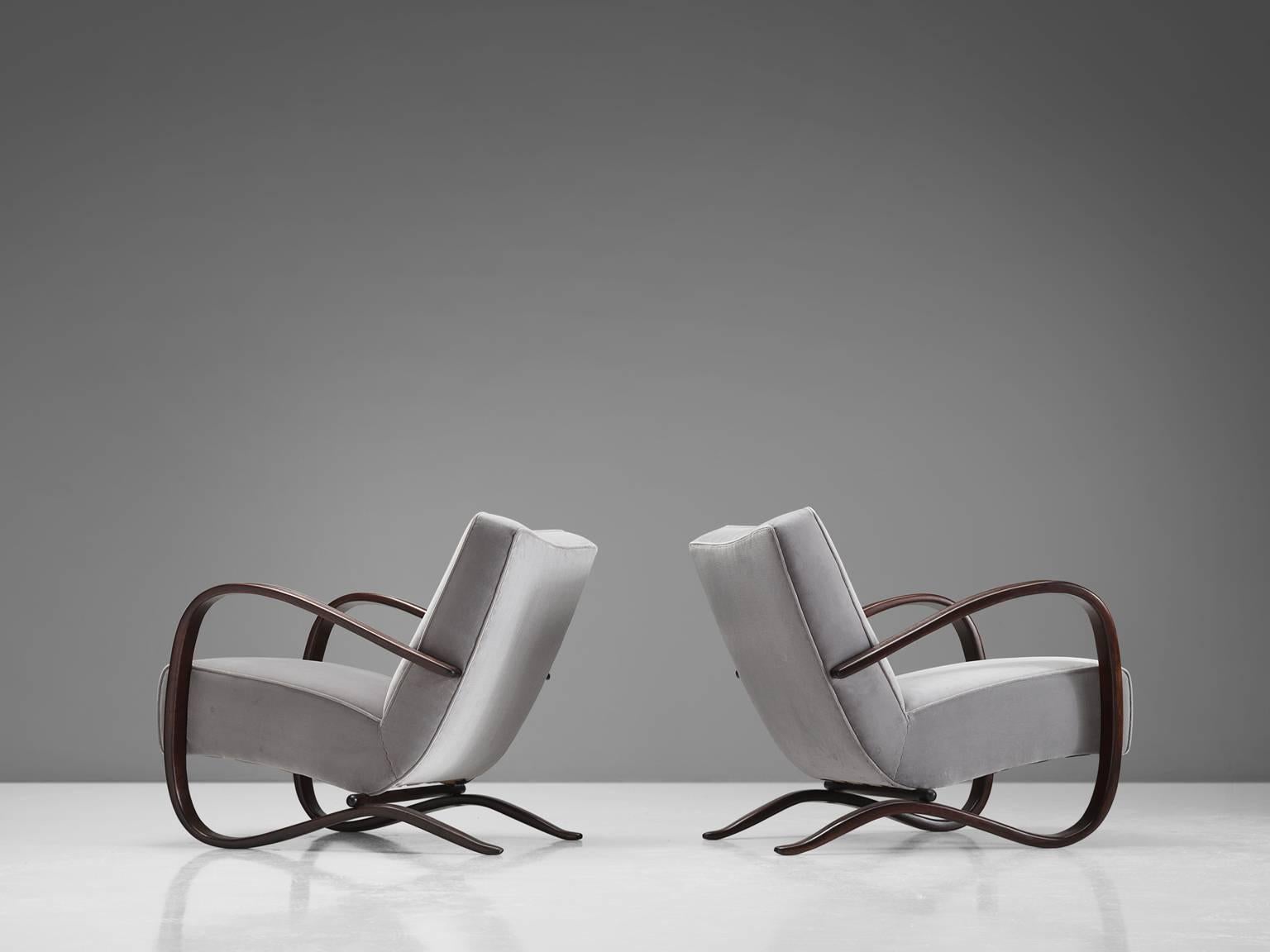 Mid-20th Century Jindrich Halabala Lounge Chairs in Reupholstered with Grey Velvet
