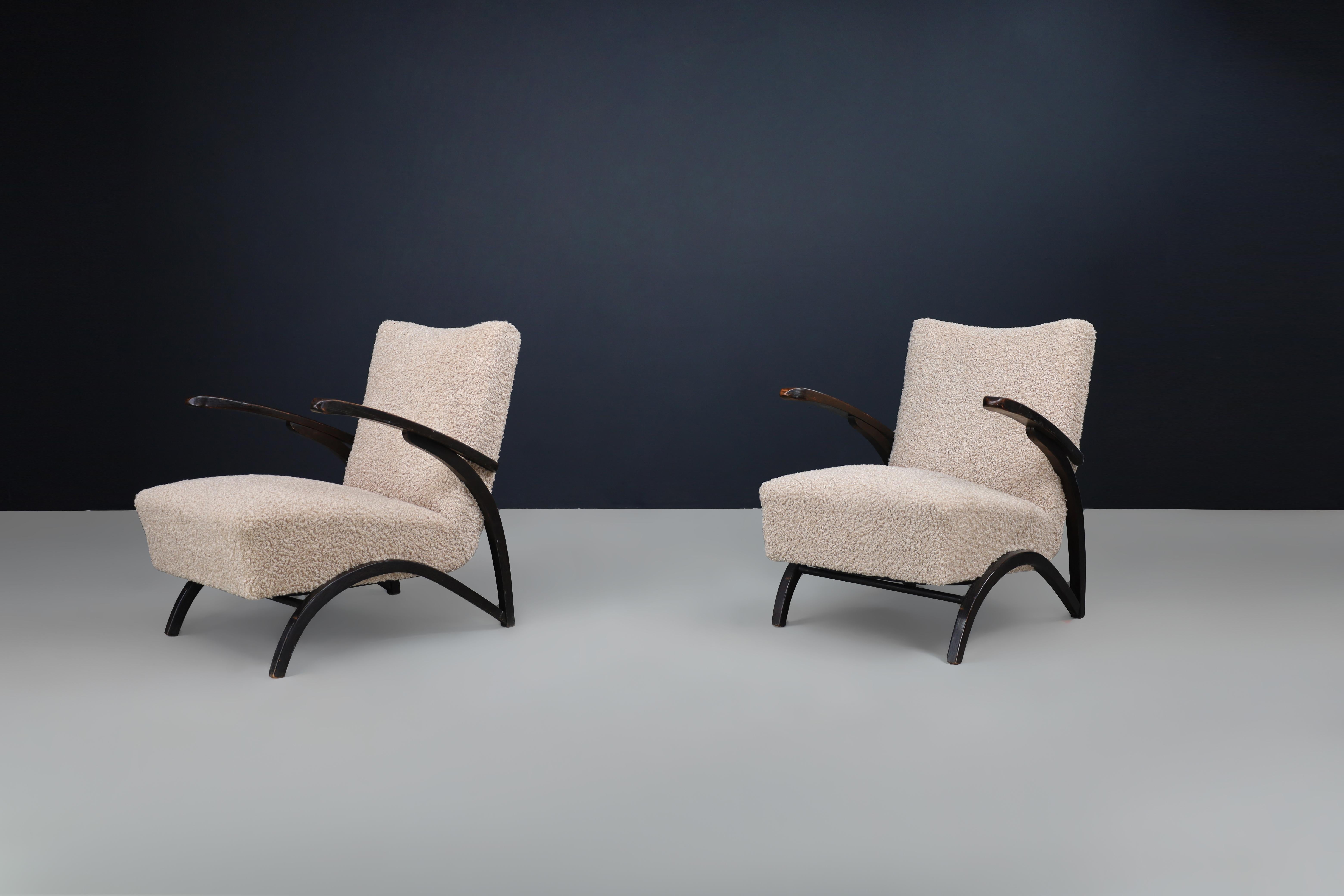 Fabric Jindrich Halabala Lounge Chairs in Teddy  Upholstery Czech Republic 1930.  For Sale