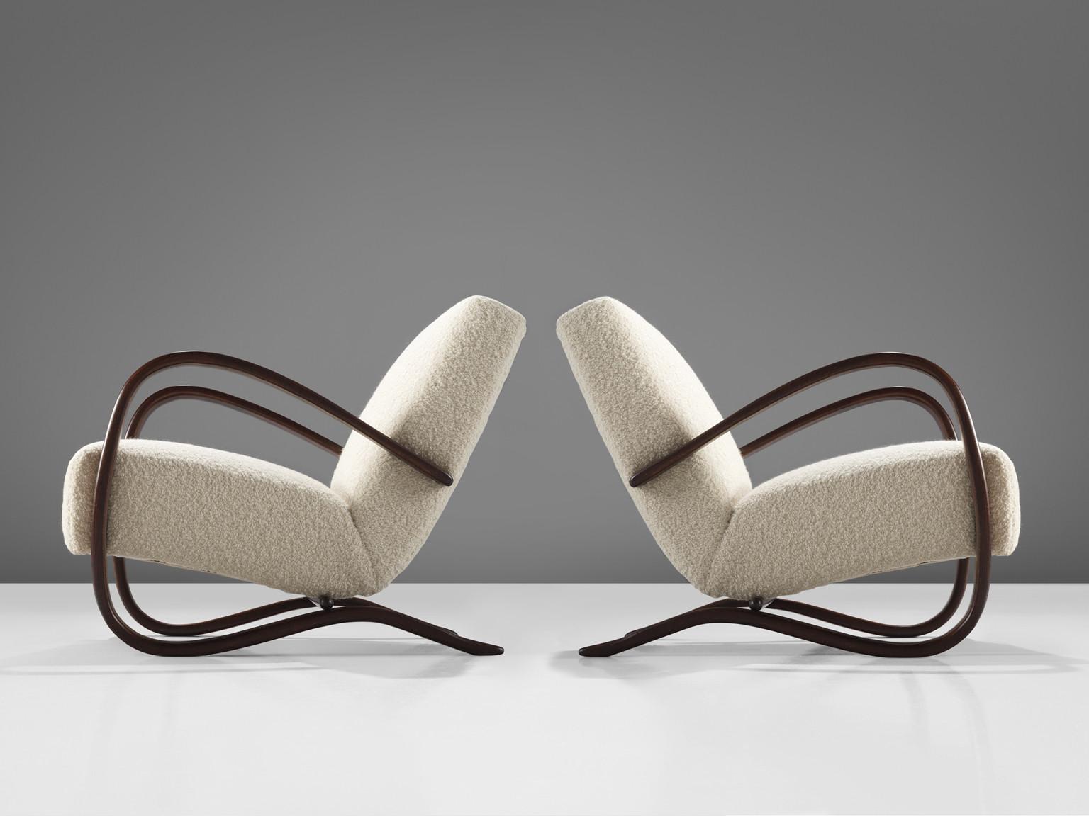 Czech Jindrich Halabala Lounge Chairs in White Bouclé