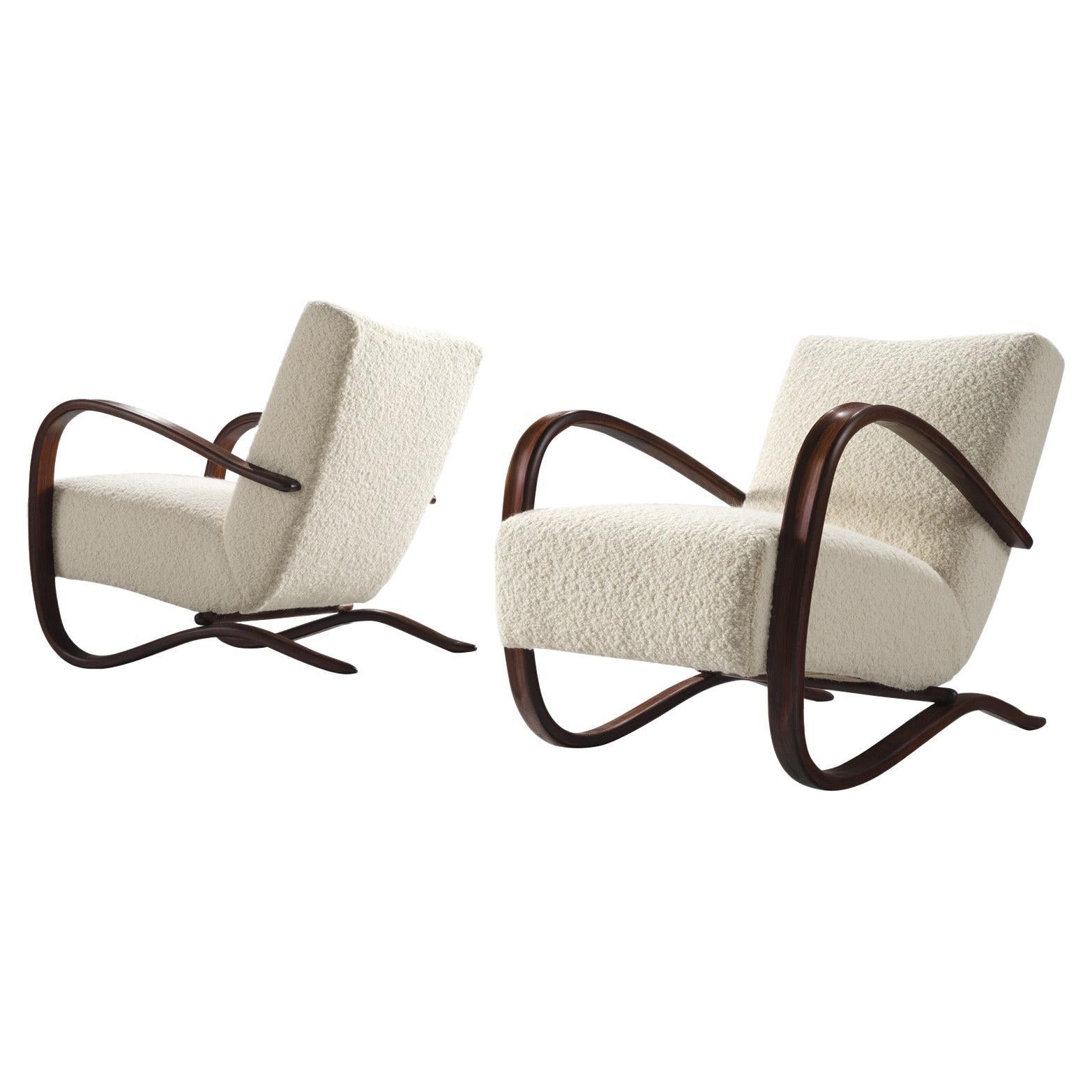 Jindrich Halabala Lounge Chairs in White Bouclé 