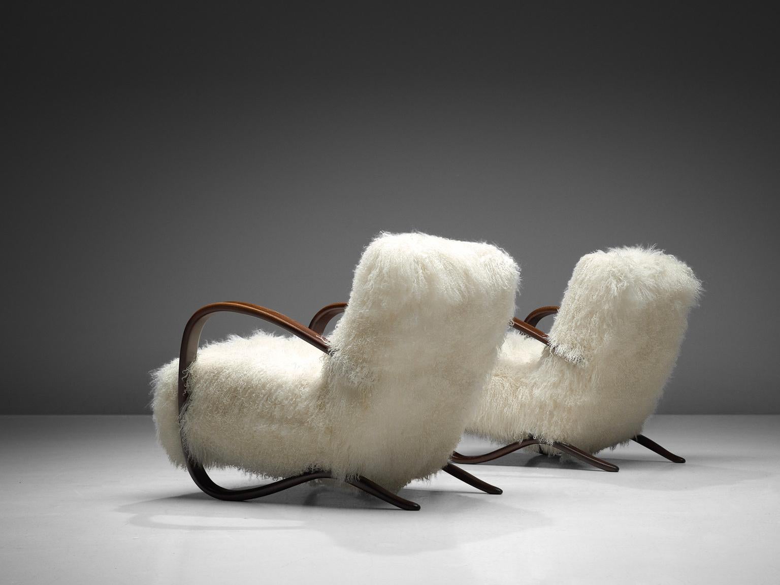 Art Deco Jindrich Halabala Lounge Chairs in White Tibetan Lambswool  For Sale