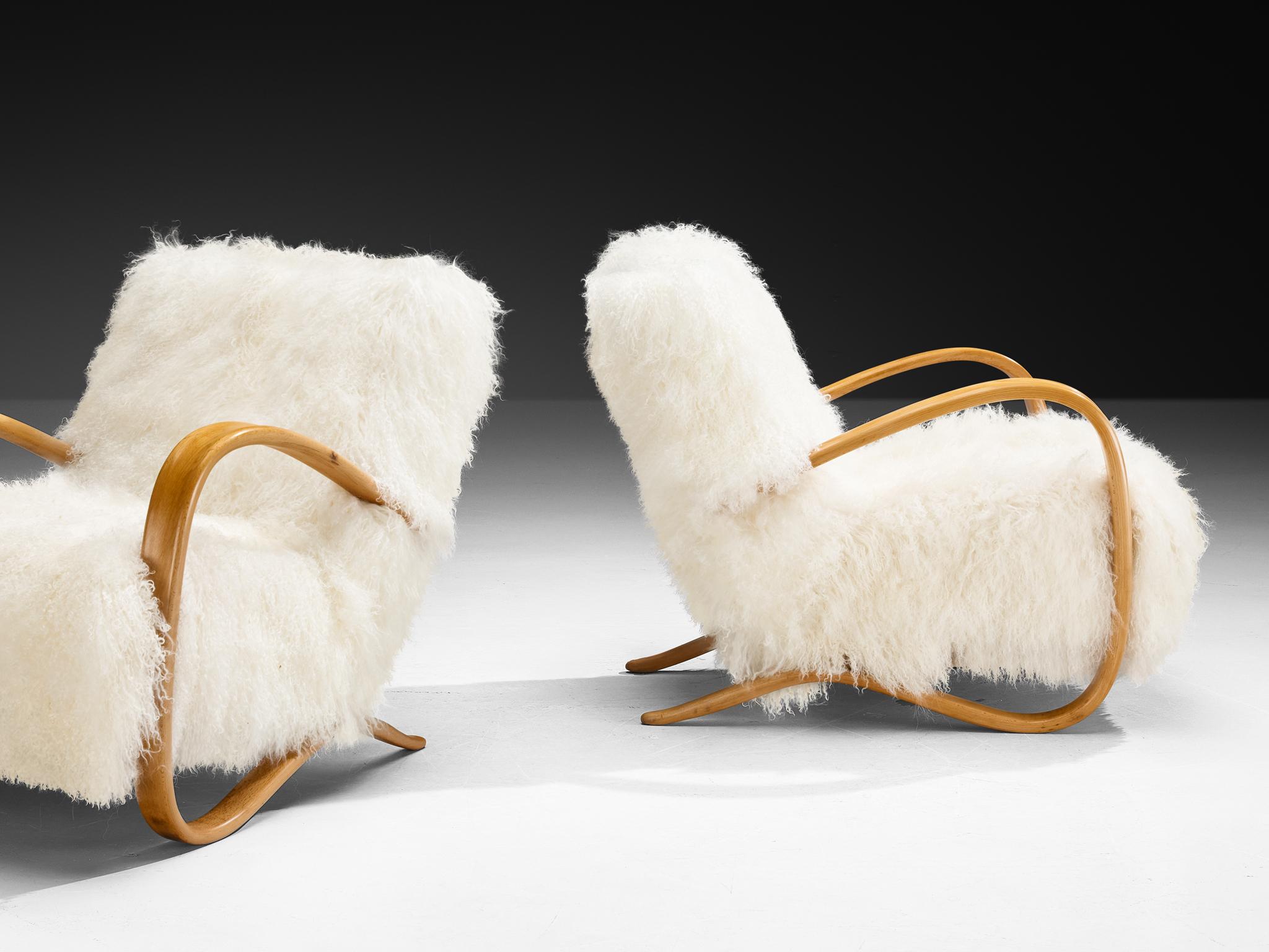 Tchèque Jindřich Halabala Chaises longues en laine d'agneau tibétaine blanche en vente