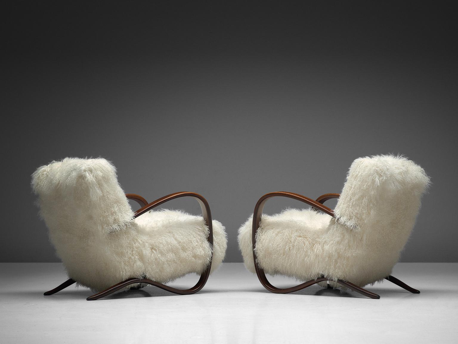 Mid-20th Century Jindrich Halabala Lounge Chairs in White Tibetan Lambswool  For Sale