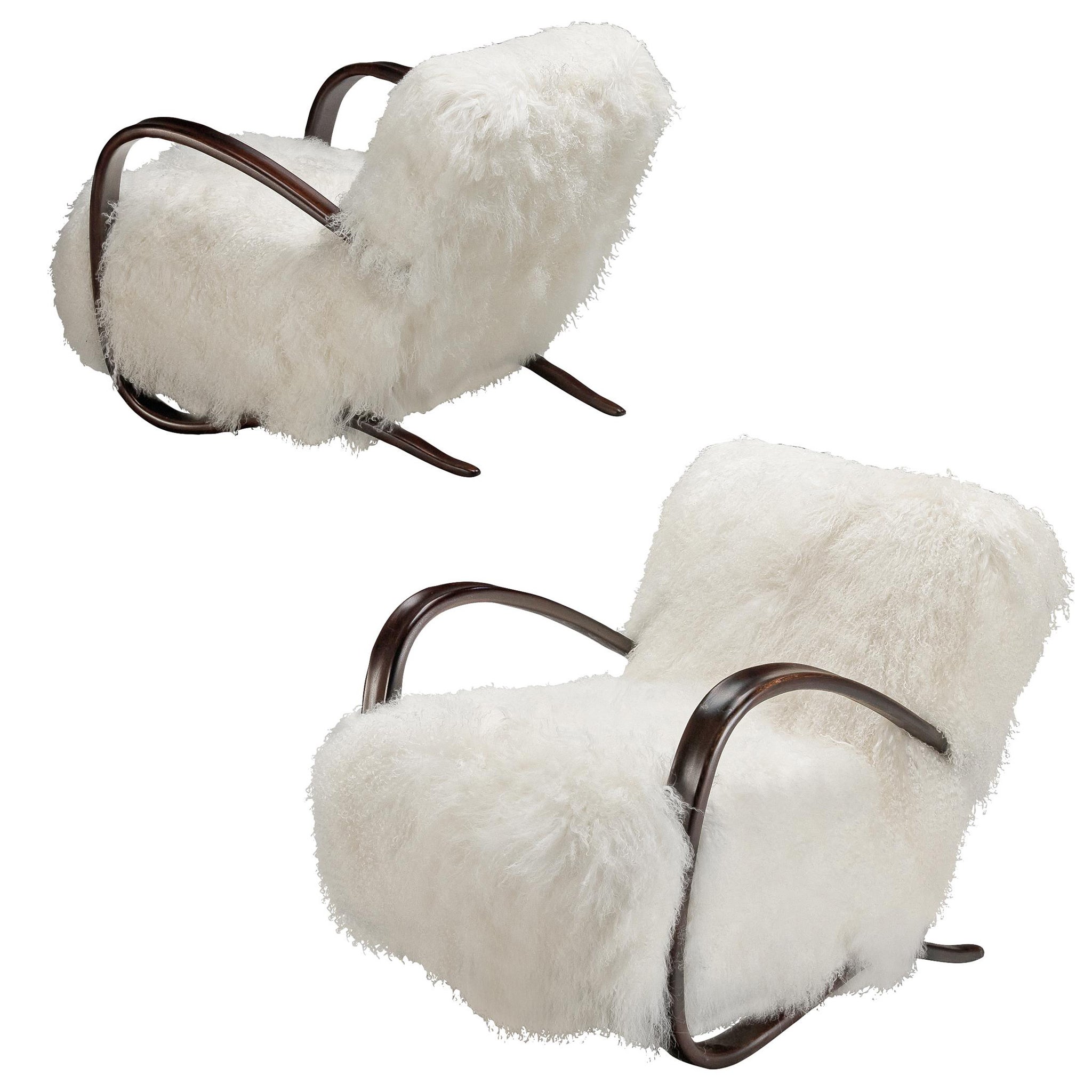 Jindrich Halabala Lounge Chairs in White Tibetan Lambswool For Sale