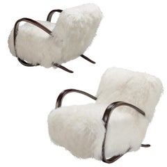 Jindrich Halabala Lounge Chairs in White Tibetan Lambswool