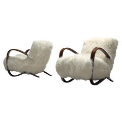 Jindrich Halabala Lounge Chairs in White Tibetan Lambswool