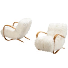 Jindřich Halabala Chaises longues en laine d'agneau tibétaine blanche