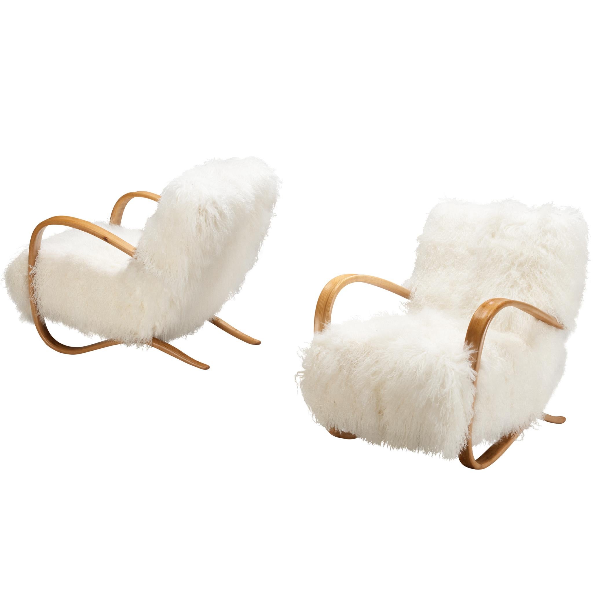 Jindřich Halabala Lounge Chairs in White Tibetan Lambswool