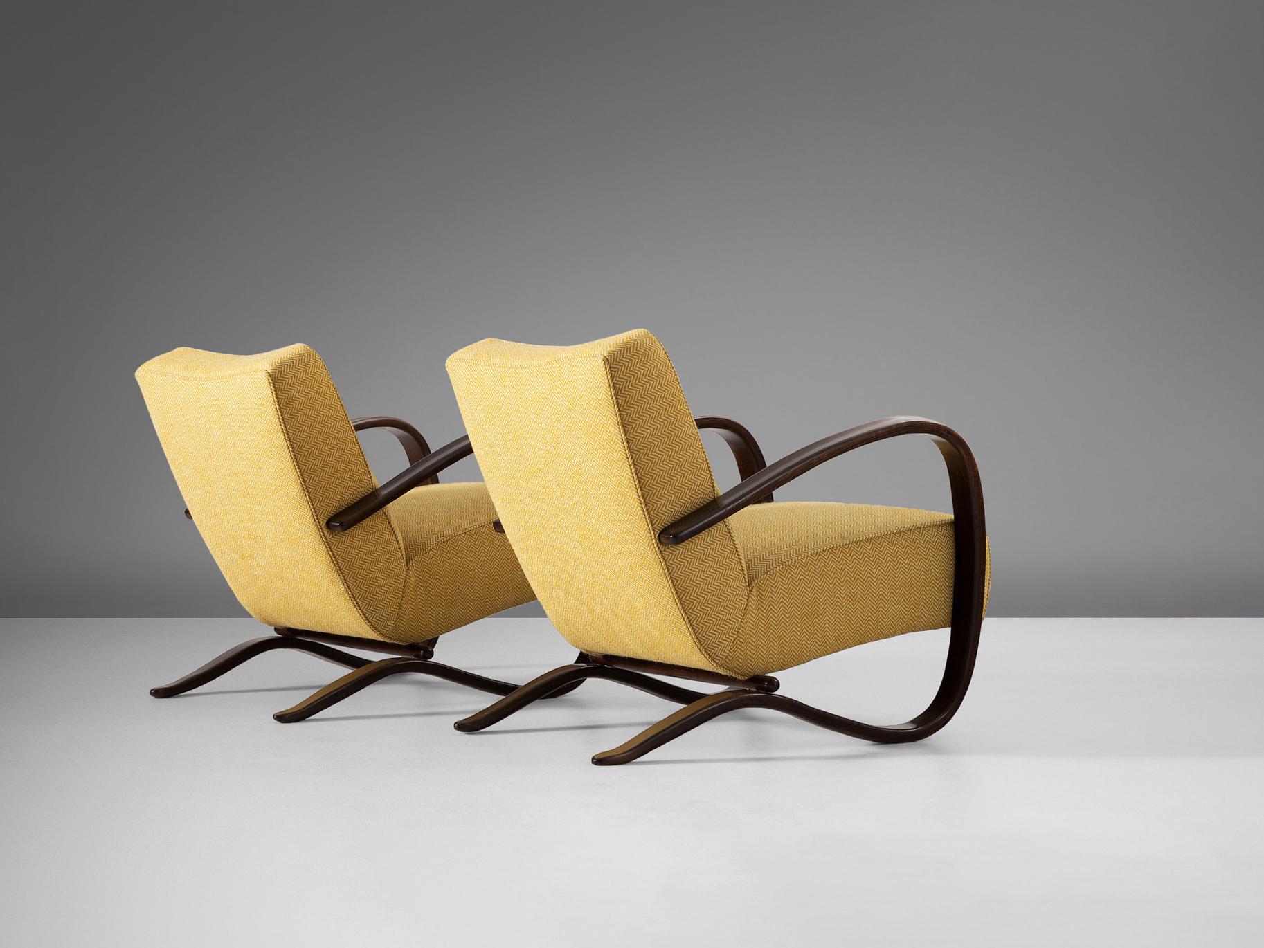 Art Deco Jindrich Halabala Lounge Chairs in Yellow Upholstery 