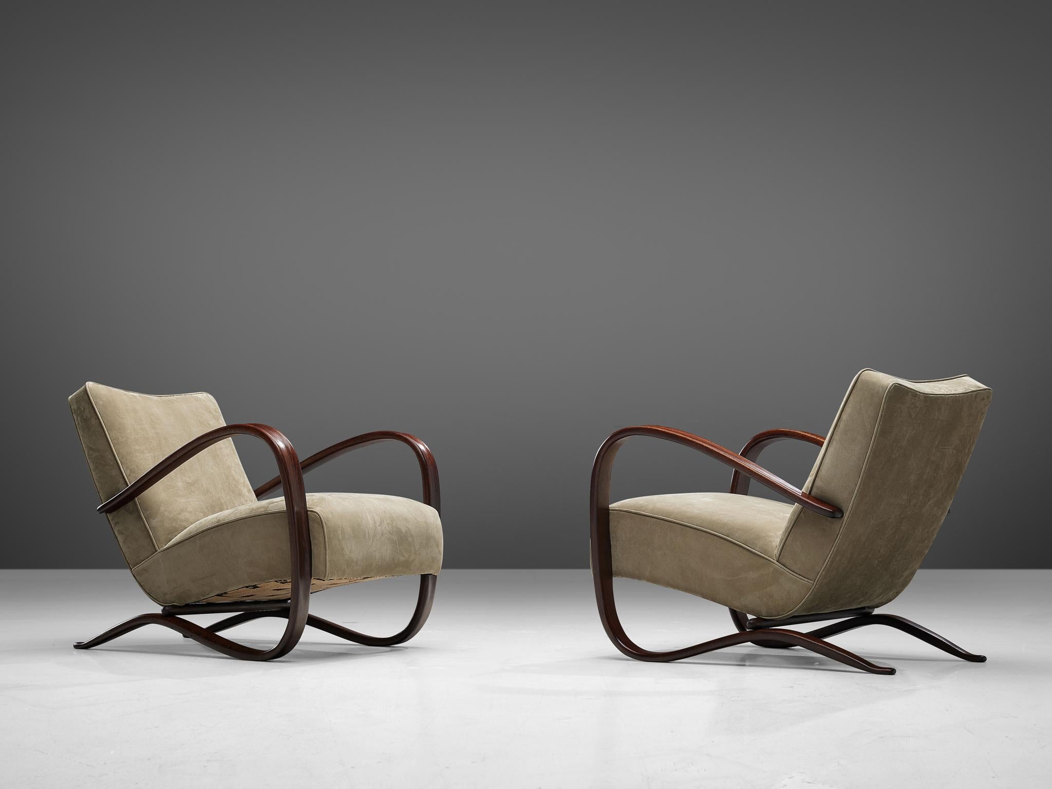 Mid-Century Modern Jindrich Halabala Lounge Chairs Reupholstered in Soft Green Leather