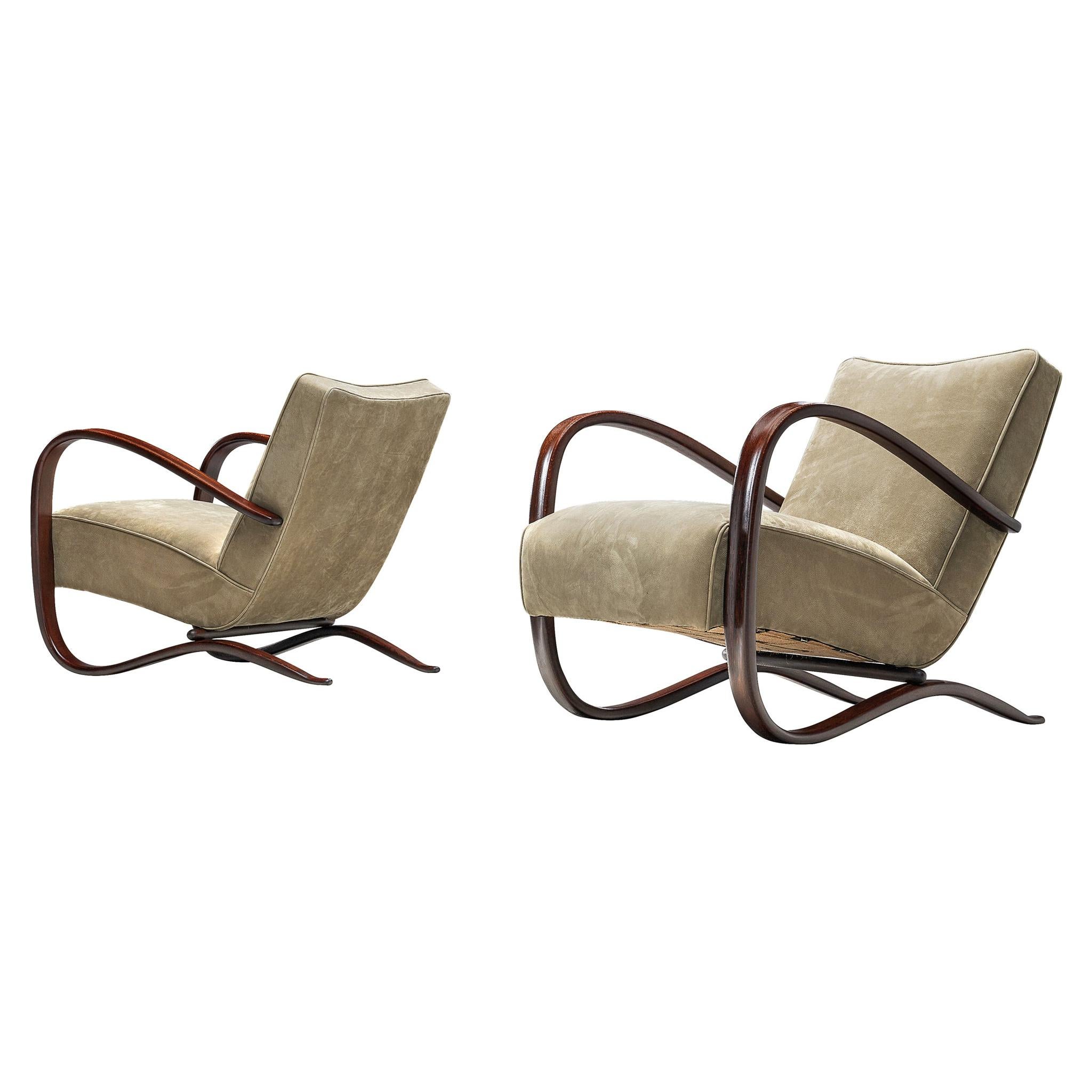 Jindrich Halabala Lounge Chairs Reupholstered in Soft Green Leather