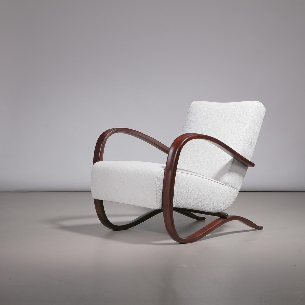 Sessel aus Holz und cremefarbenem Stoff, Modell 