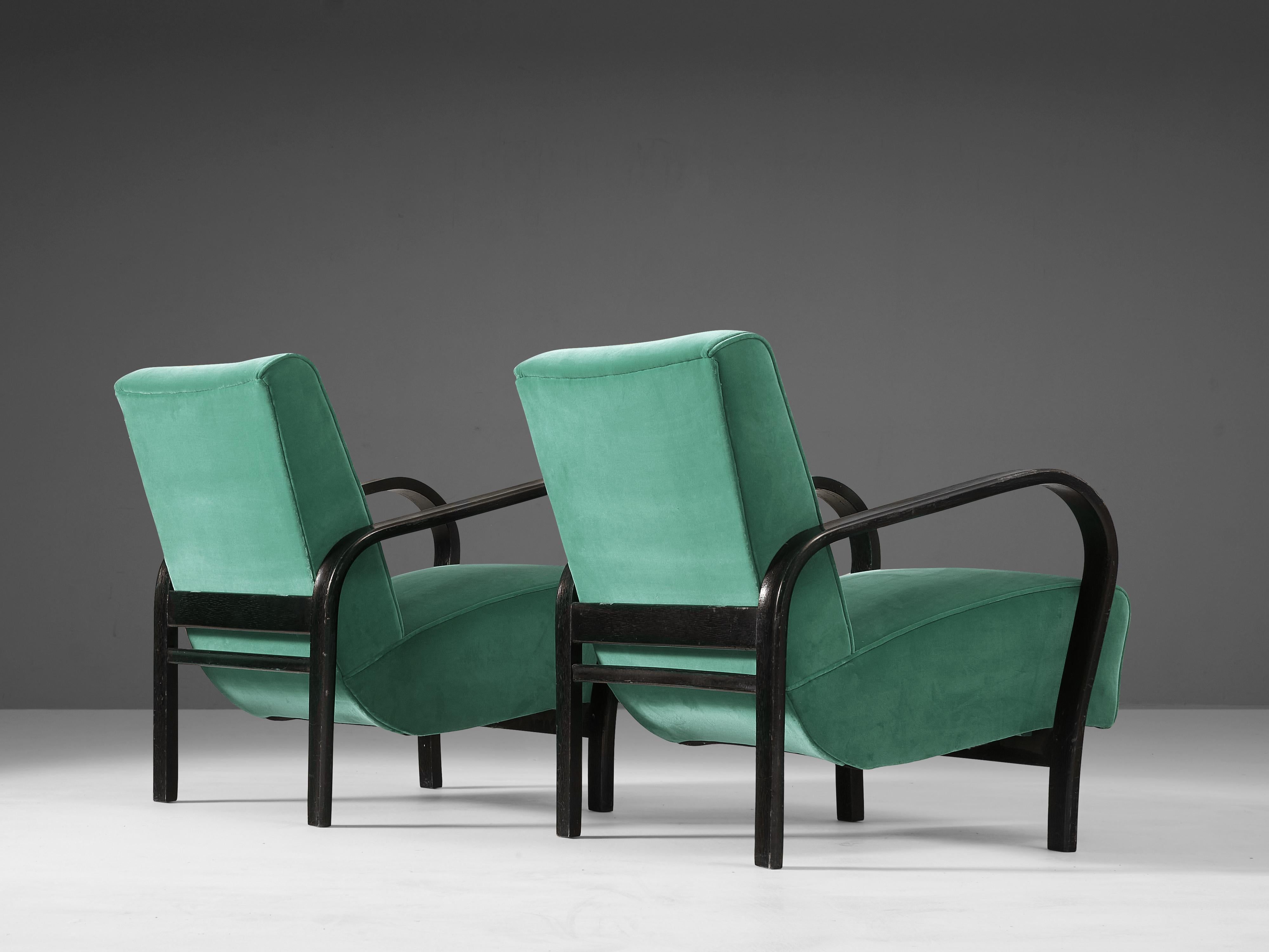 Jindrich Halabala Lounge Chairs in Green Fabric In Good Condition For Sale In Waalwijk, NL