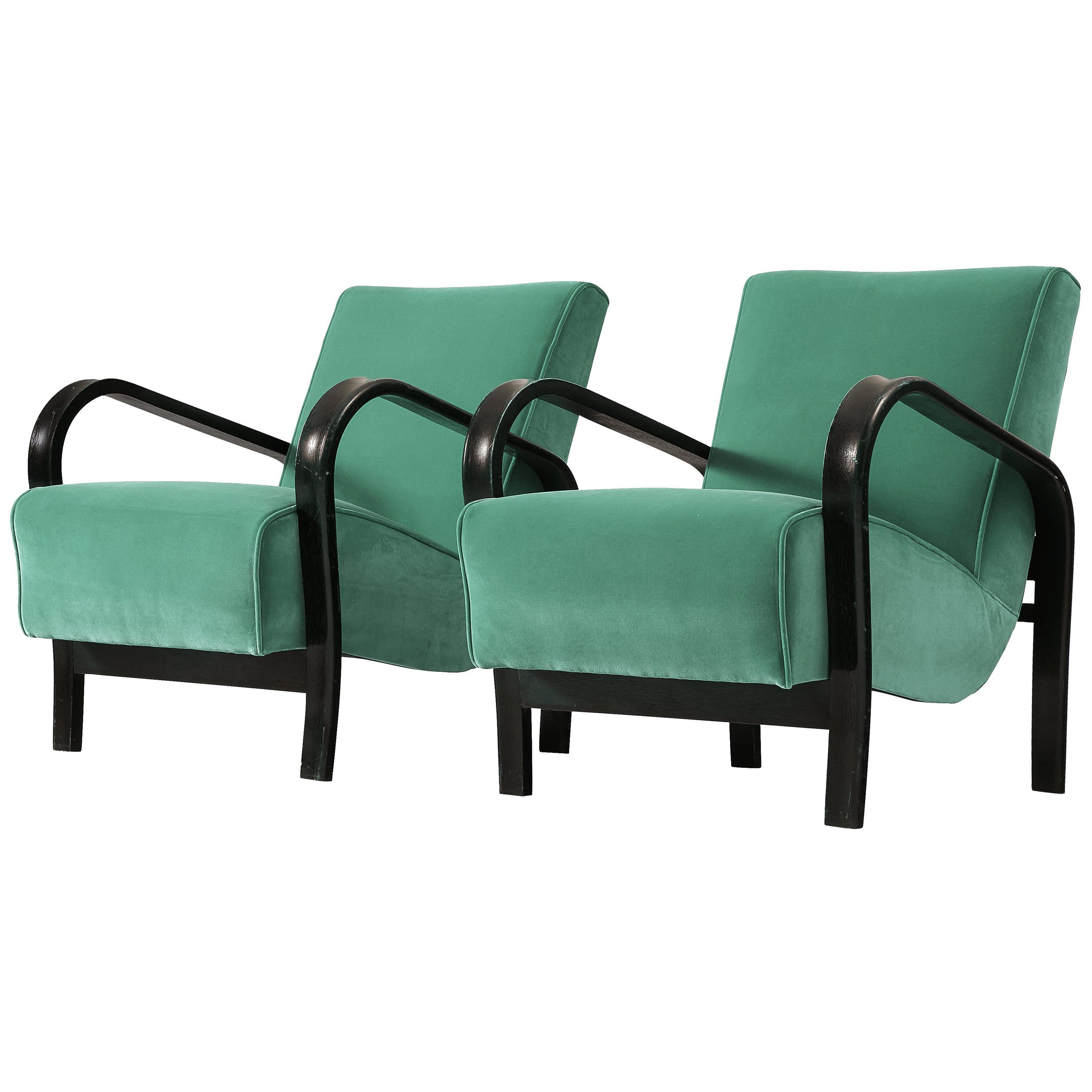 Jindrich Halabala Lounge Chairs in Green Fabric For Sale